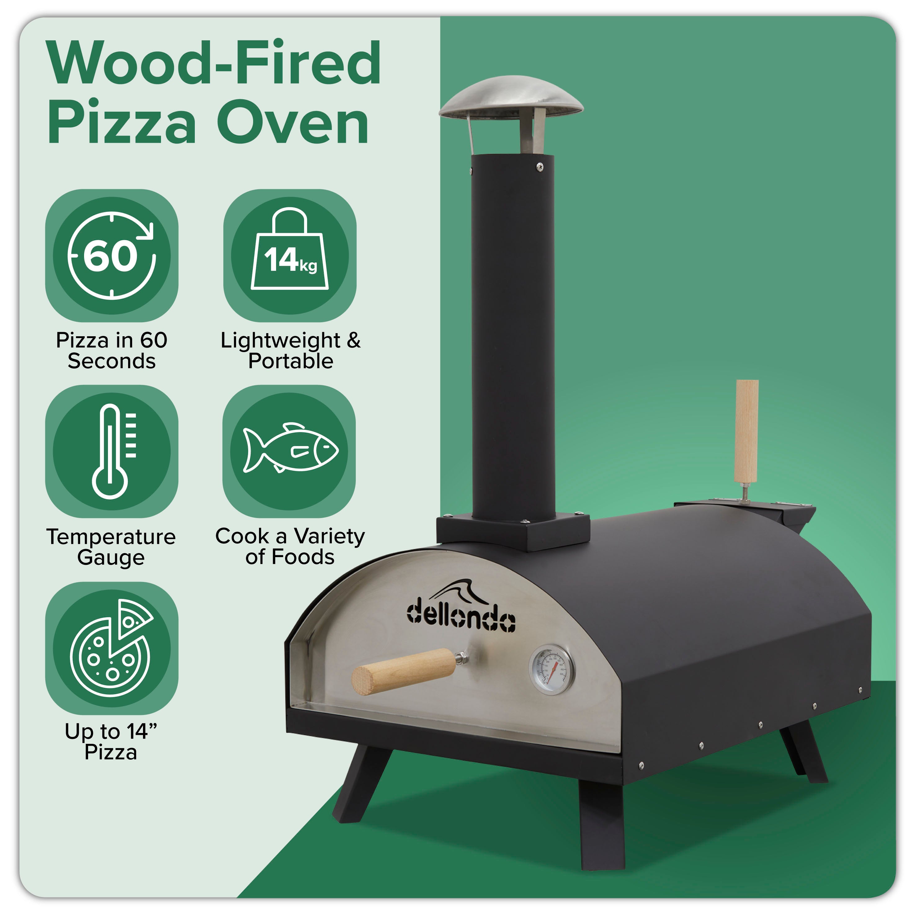 Wood-Fired 14" Pizza Oven and Smoking Oven - Portable, Black/Stainless Steel - DG10