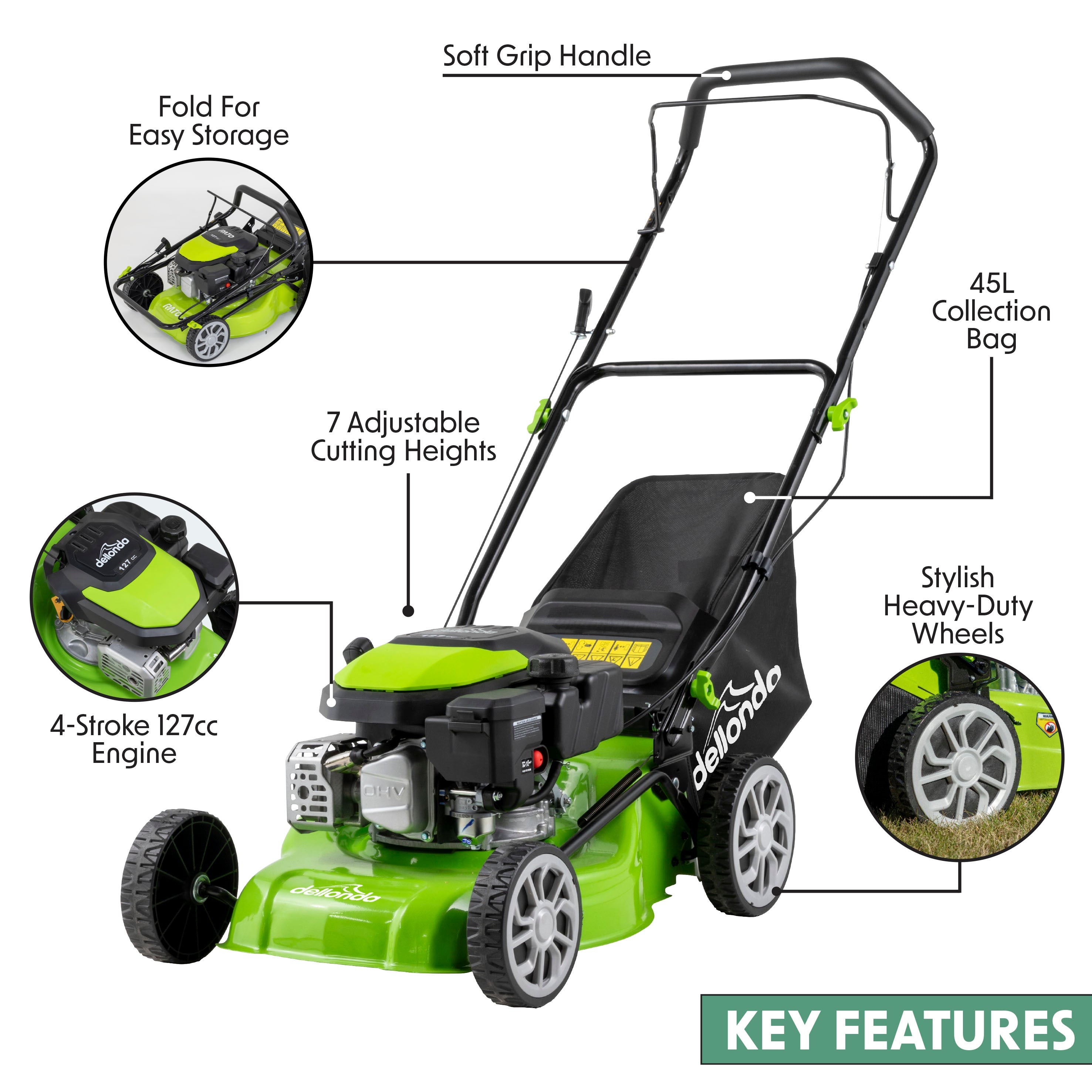 127cc 17"/41cm Hand-Propelled Petrol Lawnmower, 4-Stroke - DG100