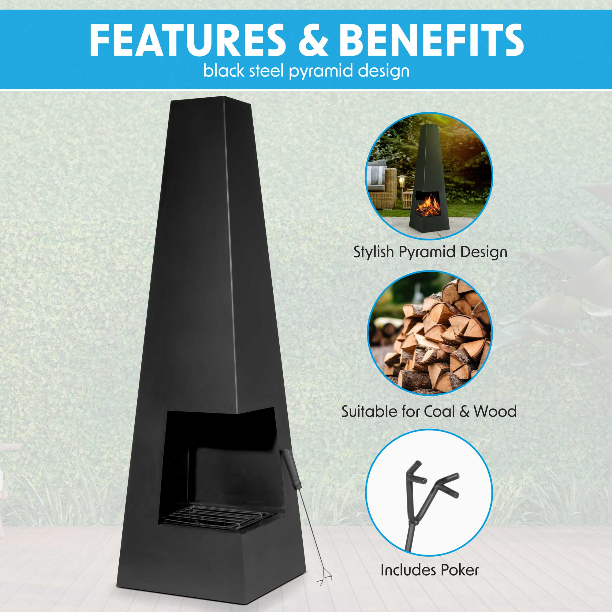 Pyramid Chiminea, Wood Burner, Heater for Outdoors/Gardens/Patio - Black Steel - DG105