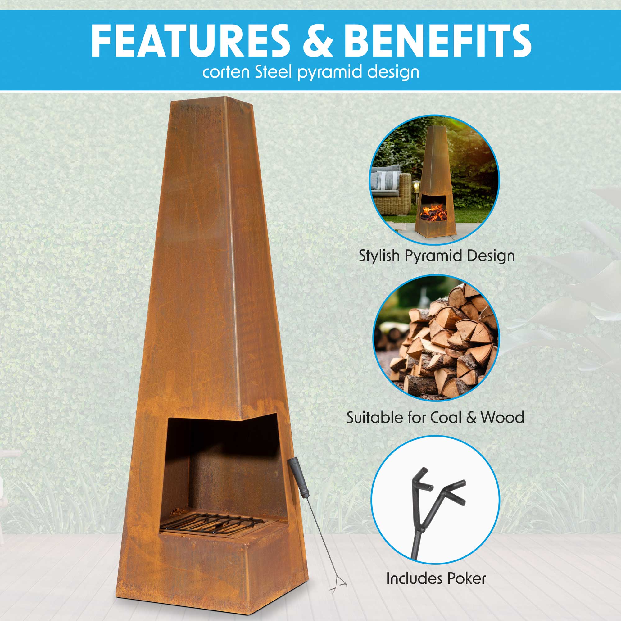 Pyramid Chiminea, Wood Burner, Heater for Outdoors/Garden/Patio - Corten Steel - DG106