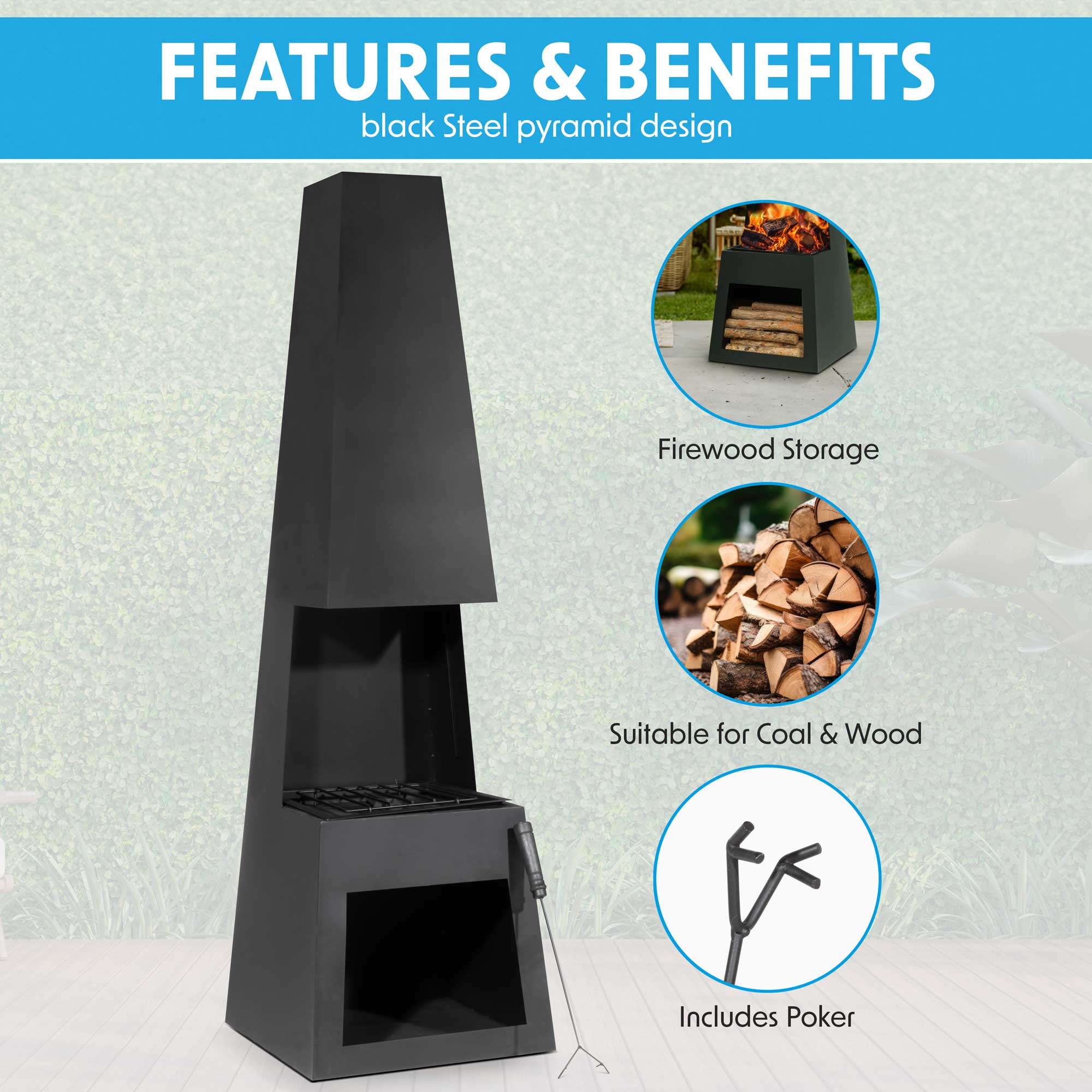 Pyramid  Chiminea, Fireplace, Heater with Firewood Storage - Black Steel - DG107