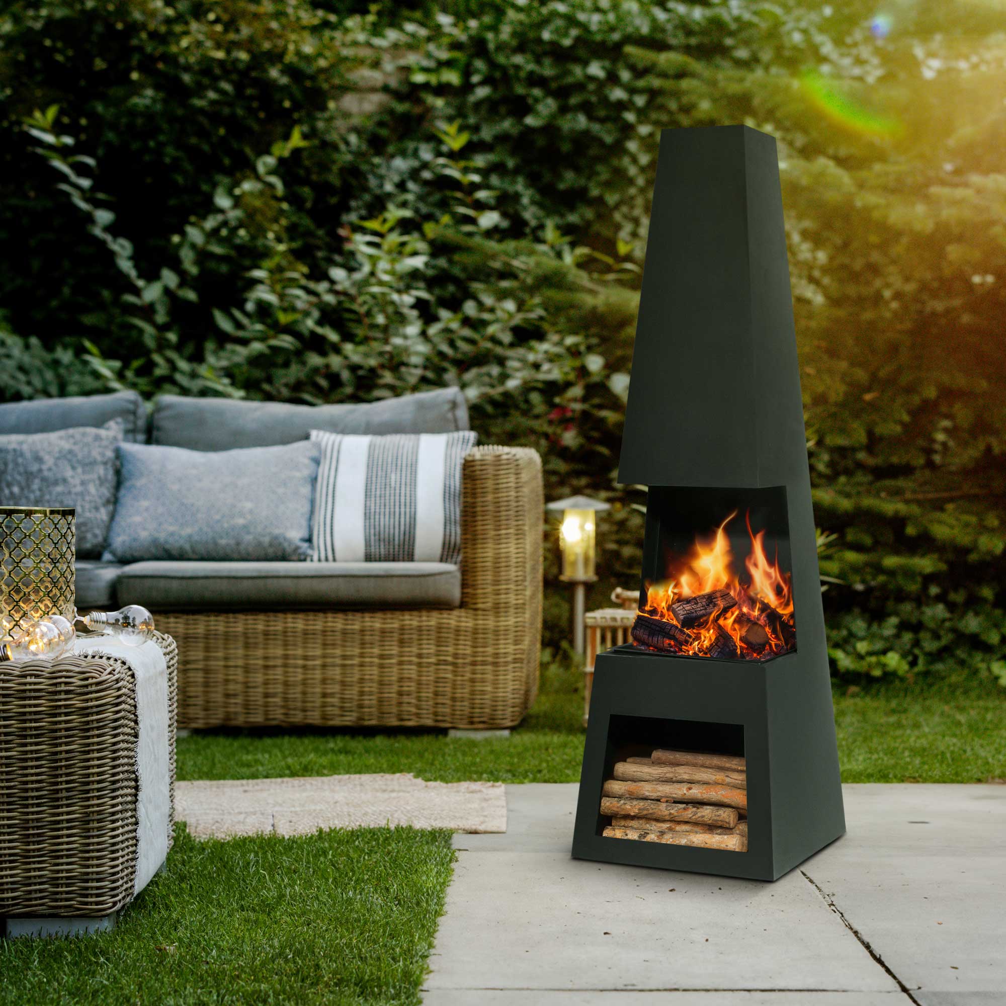 Pyramid  Chiminea, Fireplace, Heater with Firewood Storage - Black Steel - DG107