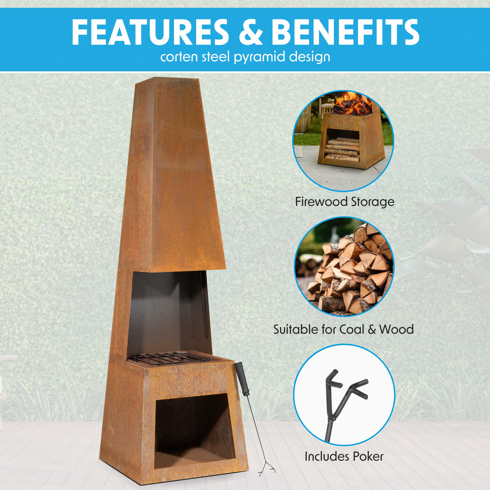 Pyramid Chiminea, Fireplace, Heater with Firewood Storage - Corten Steel - DG108