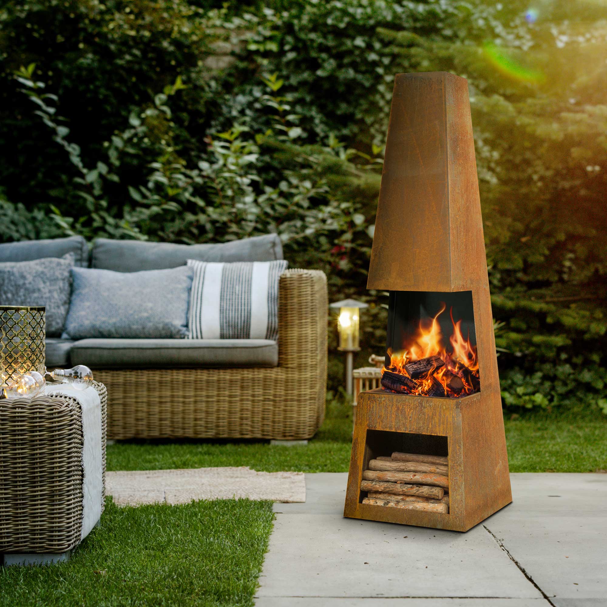 Pyramid Chiminea, Fireplace, Heater with Firewood Storage - Corten Steel - DG108