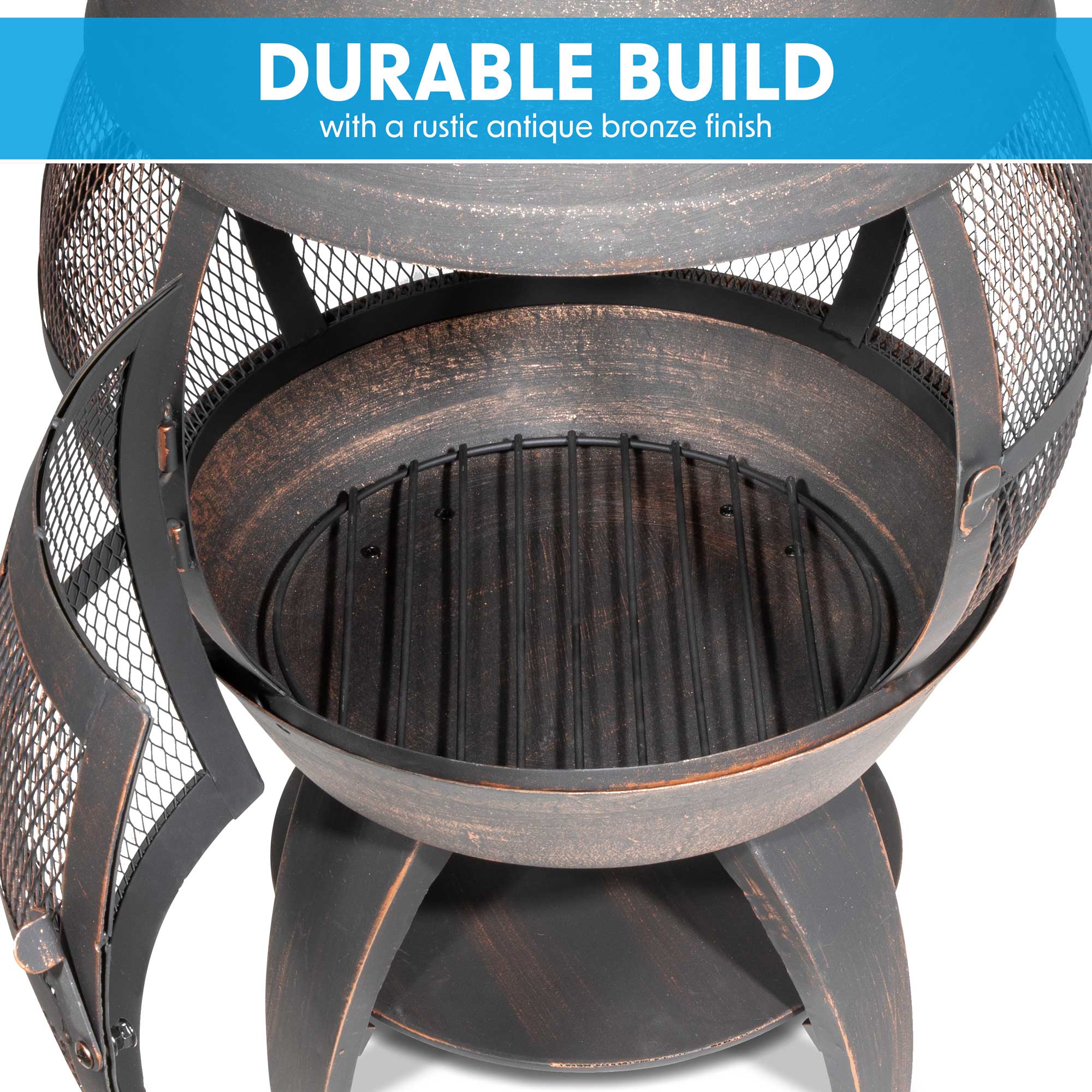 Deluxe 360° Chiminea/Fire Pit/Outdoor Heater inc Fire Poker & Cover - Antique Bronze Finish - DG241