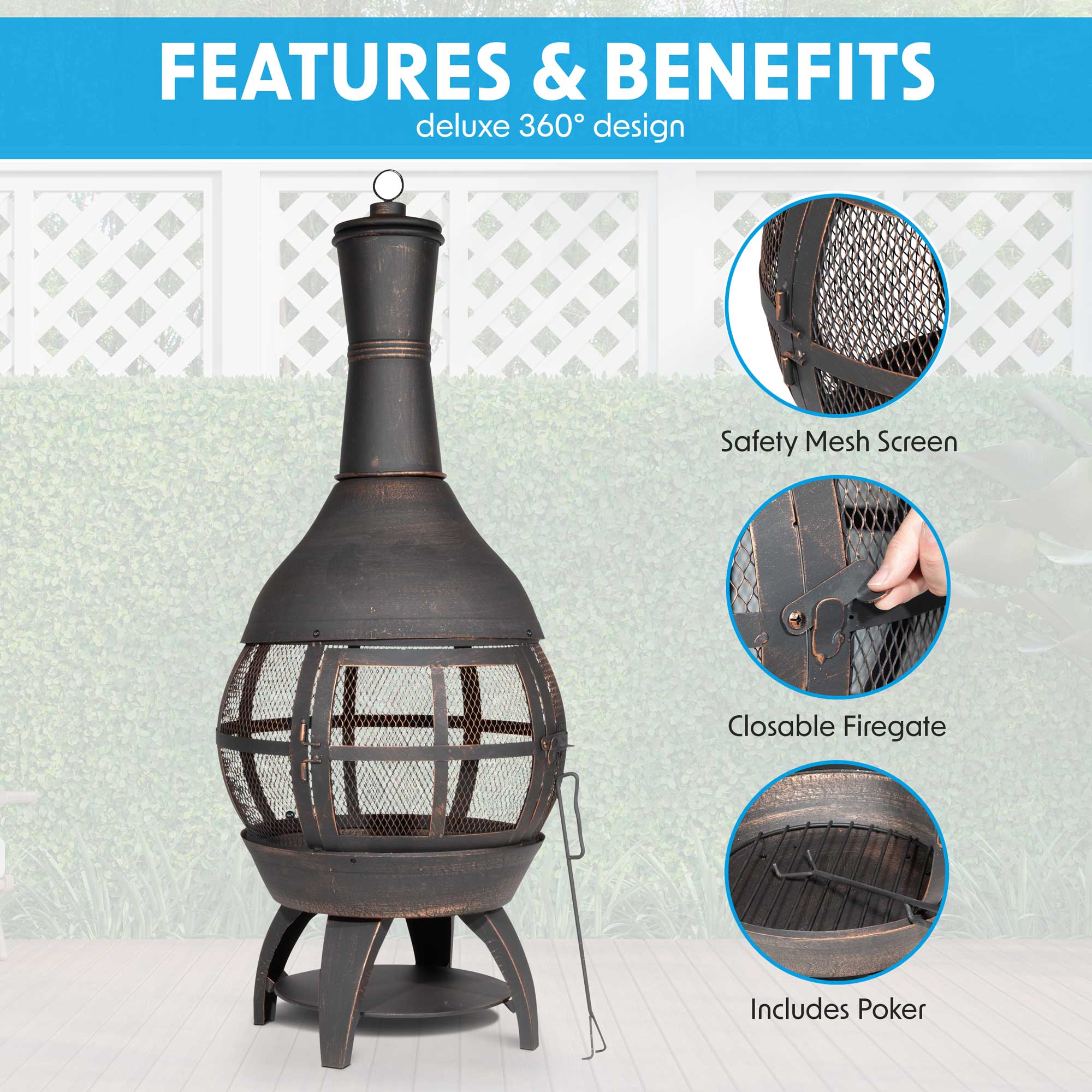 Deluxe 360° Chiminea/Fire Pit/Outdoor Heater inc Fire Poker & Cover - Antique Bronze Finish - DG241