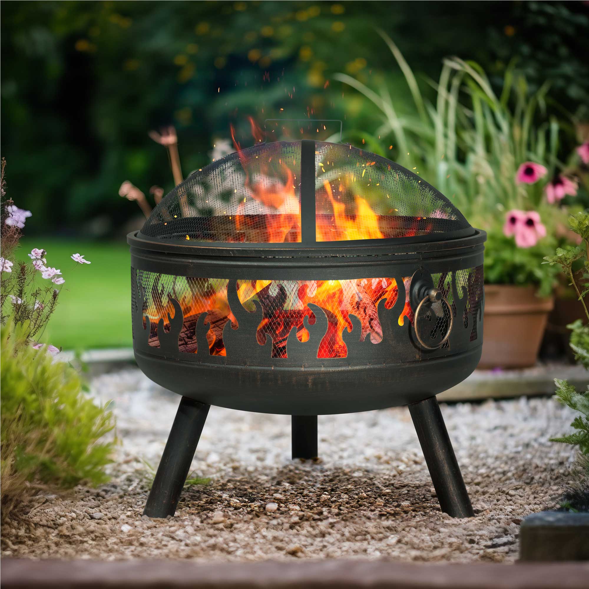 Deluxe Firepit, Fireplace, Outdoor Heater with Cooking Grill, Safety Screen, Poker & Cover - DG242