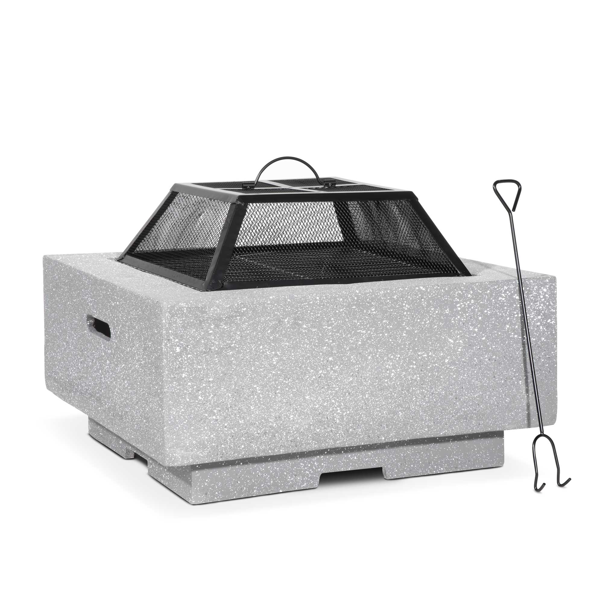 Square MgO Fire Pit with BBQ Grill, Safety Mesh Screen and Fire Poker, Light Grey - DG192