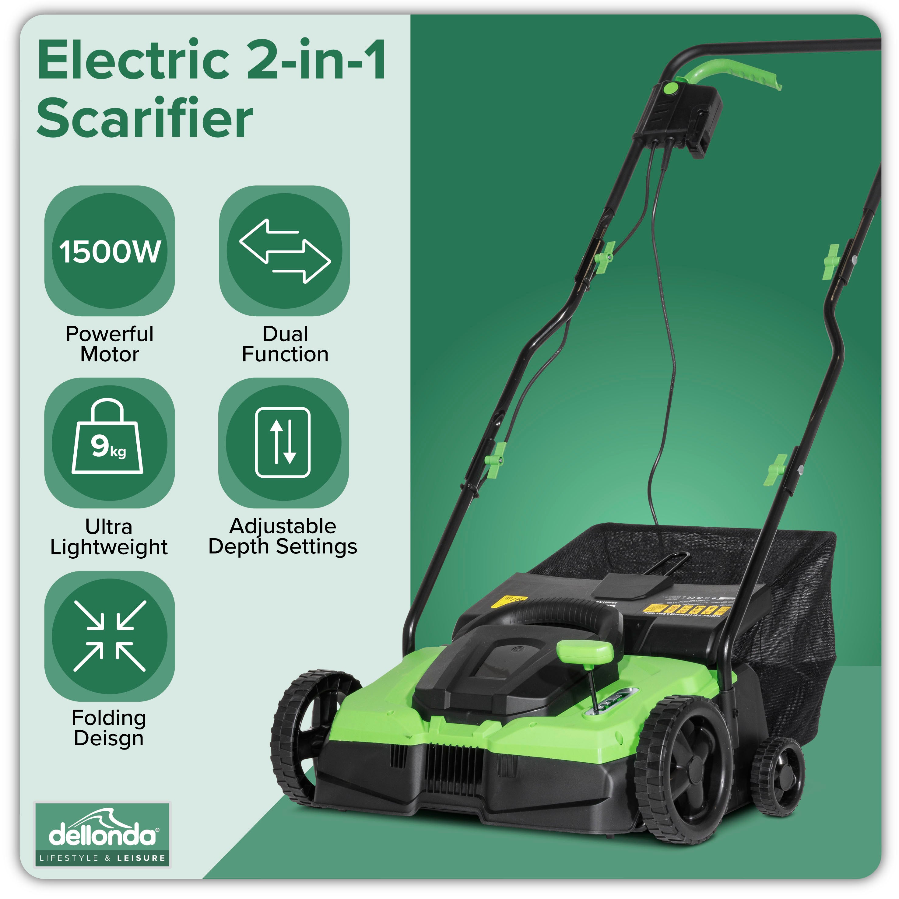 1500W Electric 2-in-1 Scarifier, 5-Heights, 36cm Cutting Width, 10m Cable - DG216