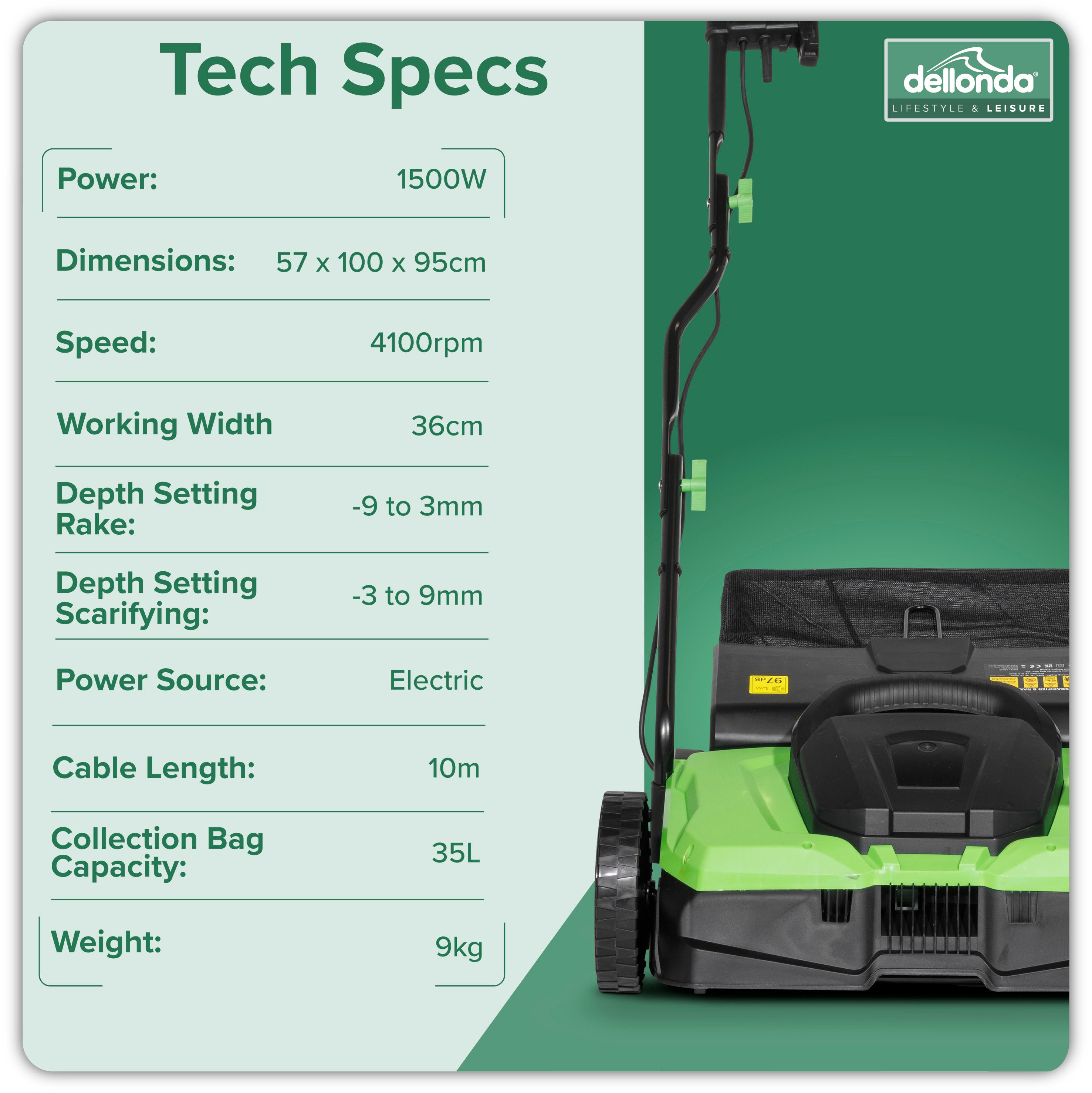 1500W Electric 2-in-1 Scarifier, 5-Heights, 36cm Cutting Width, 10m Cable - DG216