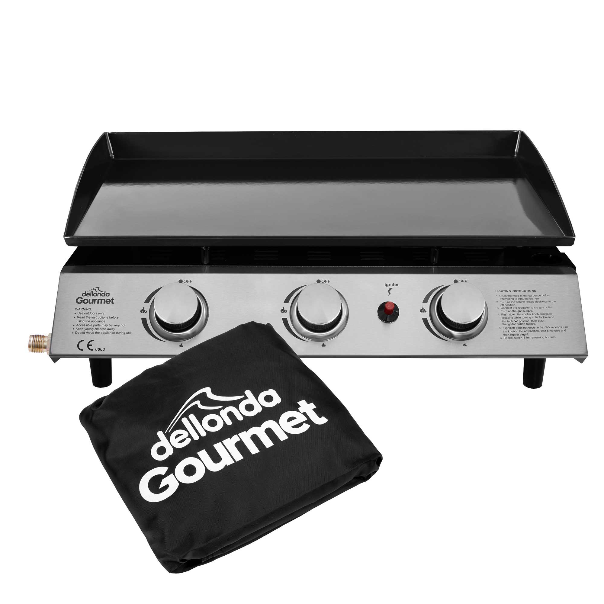 3 Burner Portable Gas Plancha 7.5kW BBQ Griddle with Cover, Stainless Steel - DG233