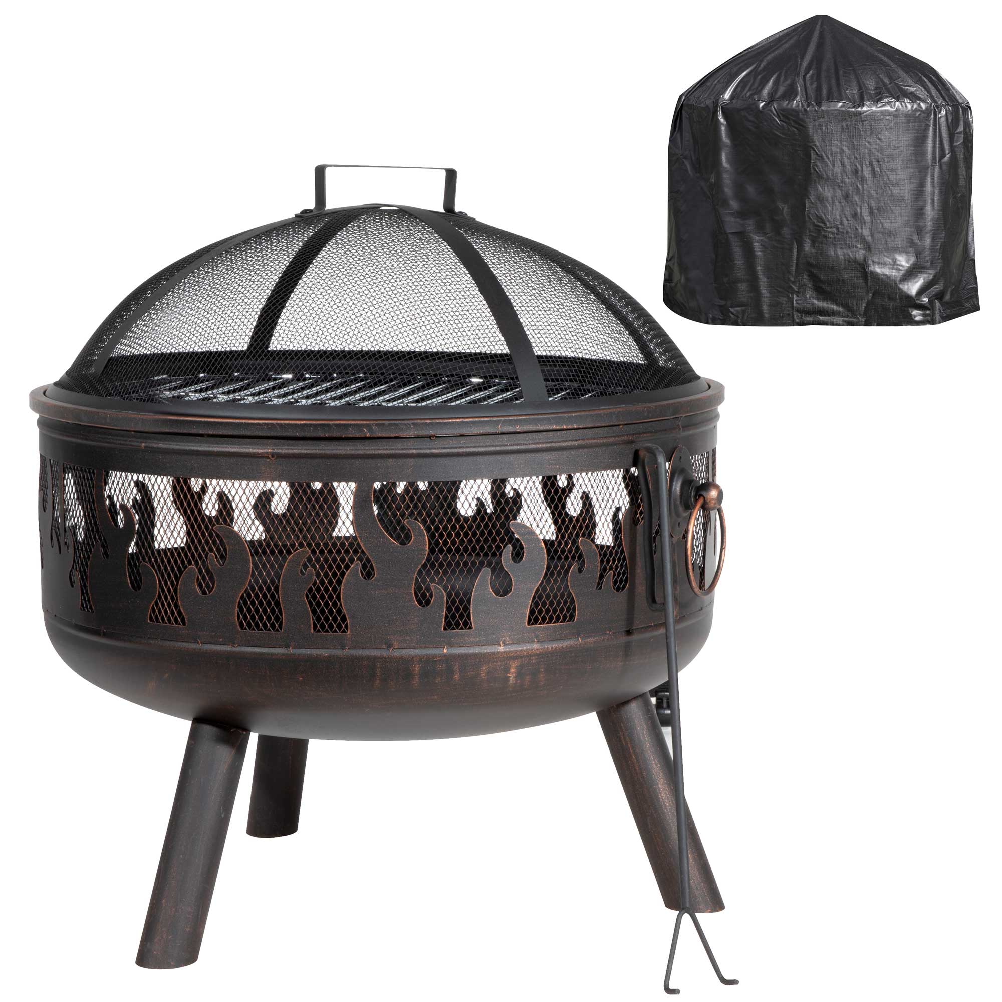 Deluxe Firepit, Fireplace, Outdoor Heater with Cooking Grill, Safety Screen, Poker & Cover - DG242