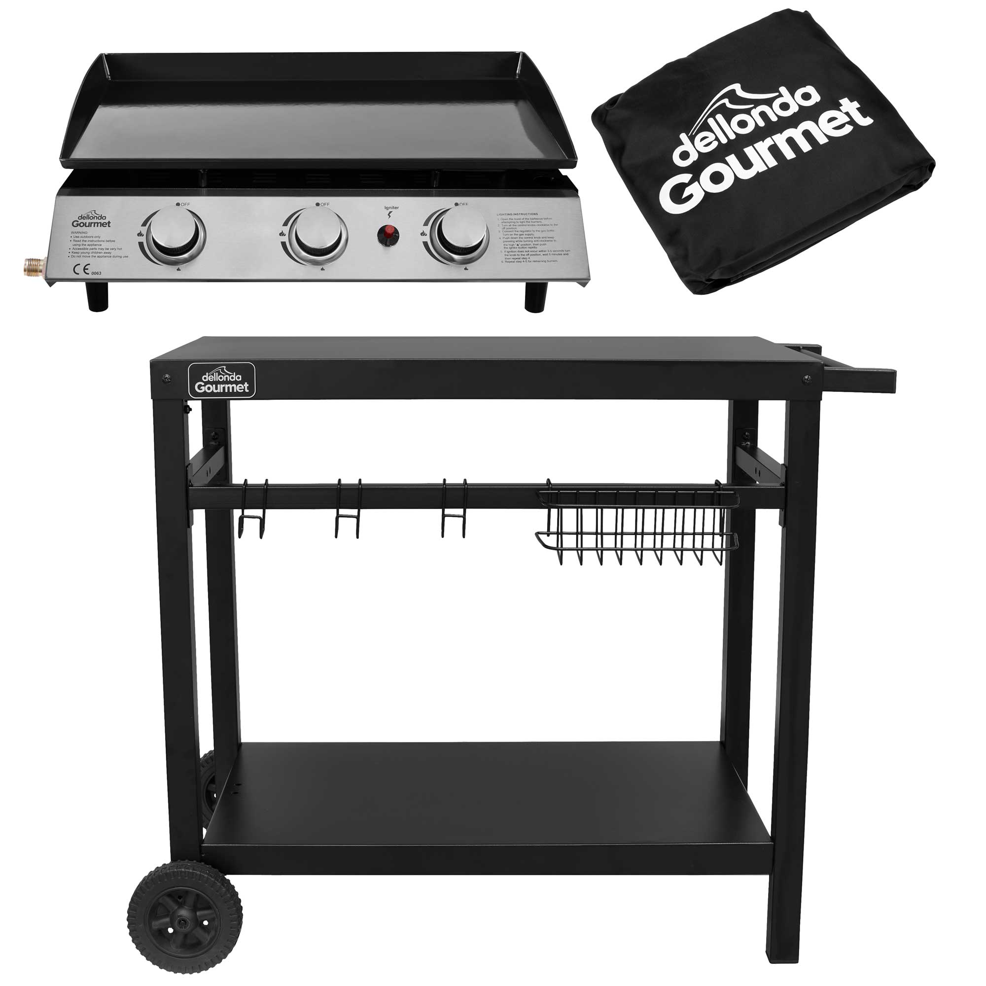 3 Burner Portable Gas Plancha 7.5kW BBQ Griddle with Cover & Trolley - DG250