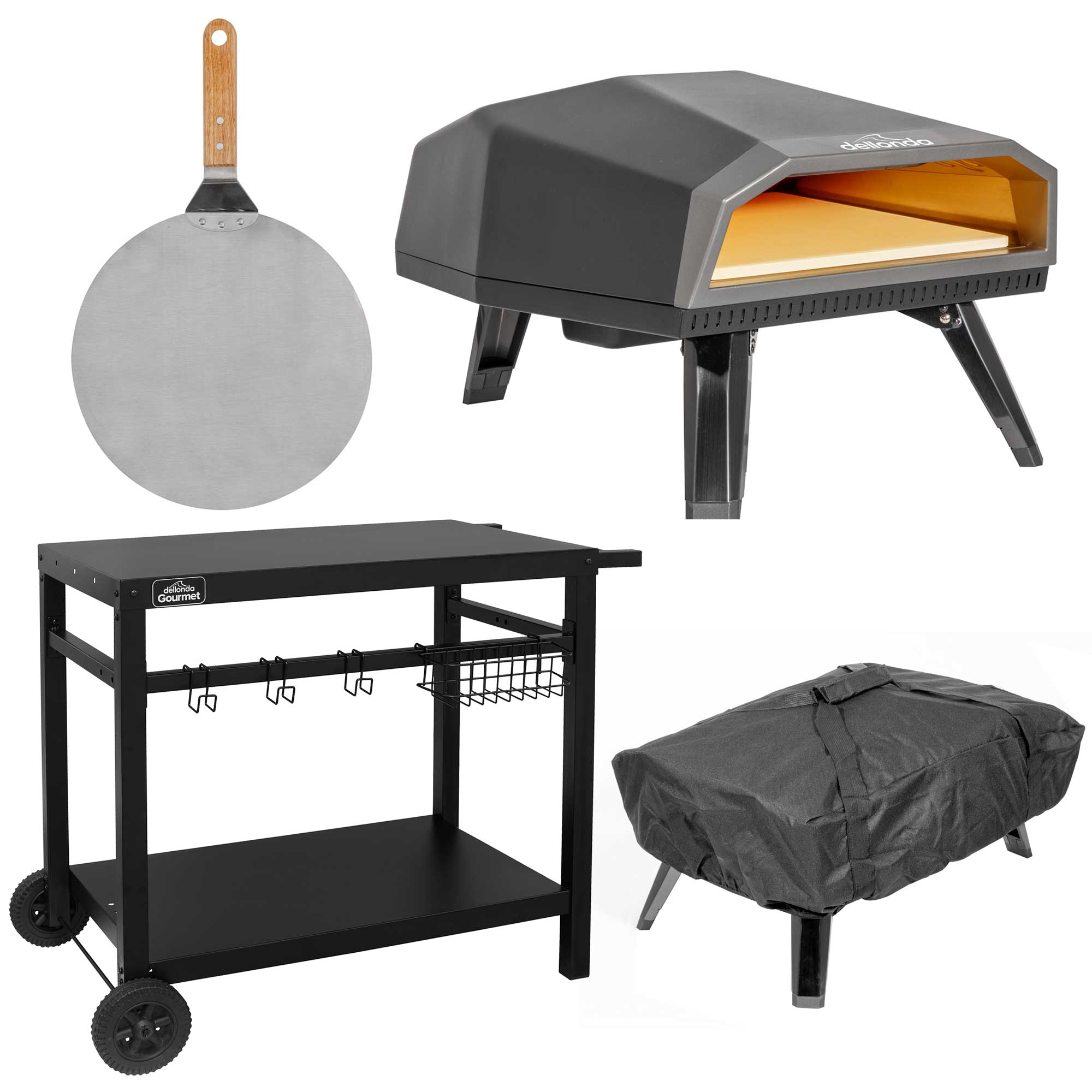 Gas Pizza Oven with Water Resistant Cover/Carry Bag & 12" Pizza Peel & Plancha/BBQ Trolley - DG262