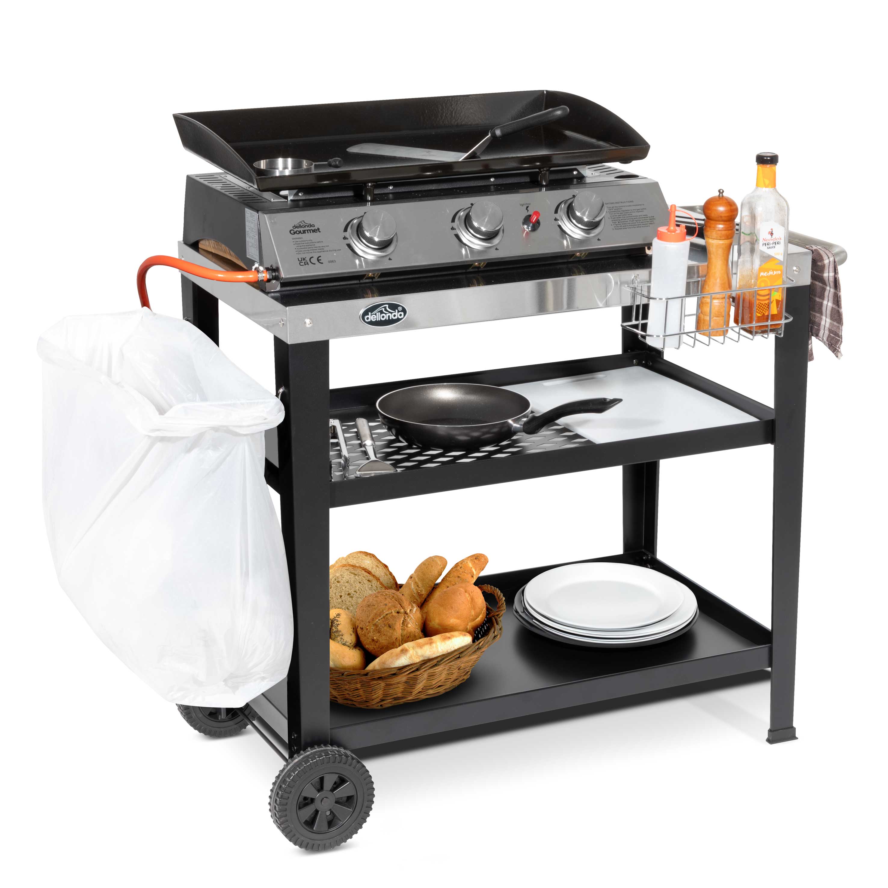 Barbecue/Plancha Trolley for Outdoor Grilling/Cooking with Utensil Holder, Stainless Steel - DG263