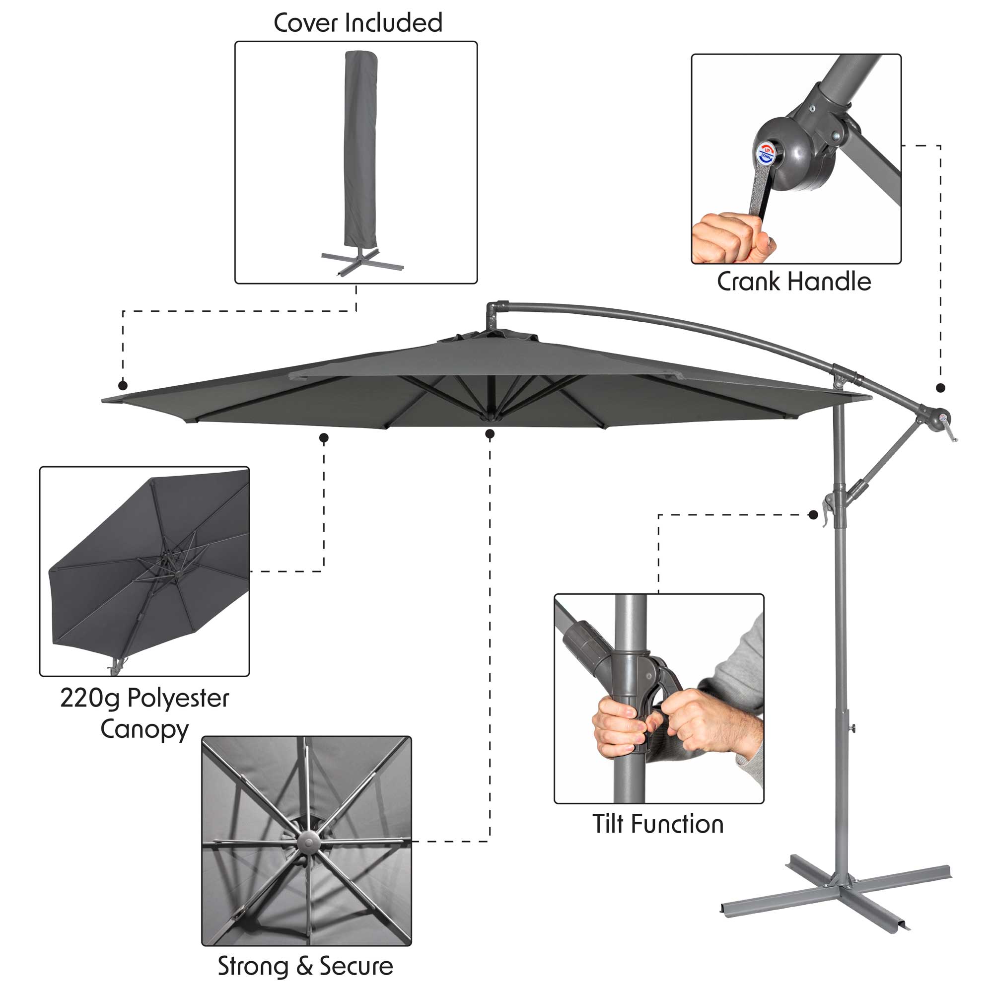 Ø3m Banana Parasol/Umbrella with Cover & Crank Handle - Grey - DG264