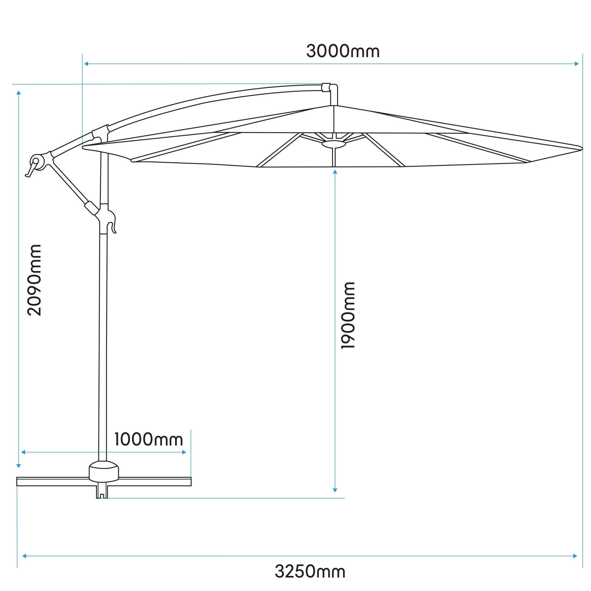 Ø3m Banana Parasol/Umbrella with Cover & Crank Handle - Grey - DG264