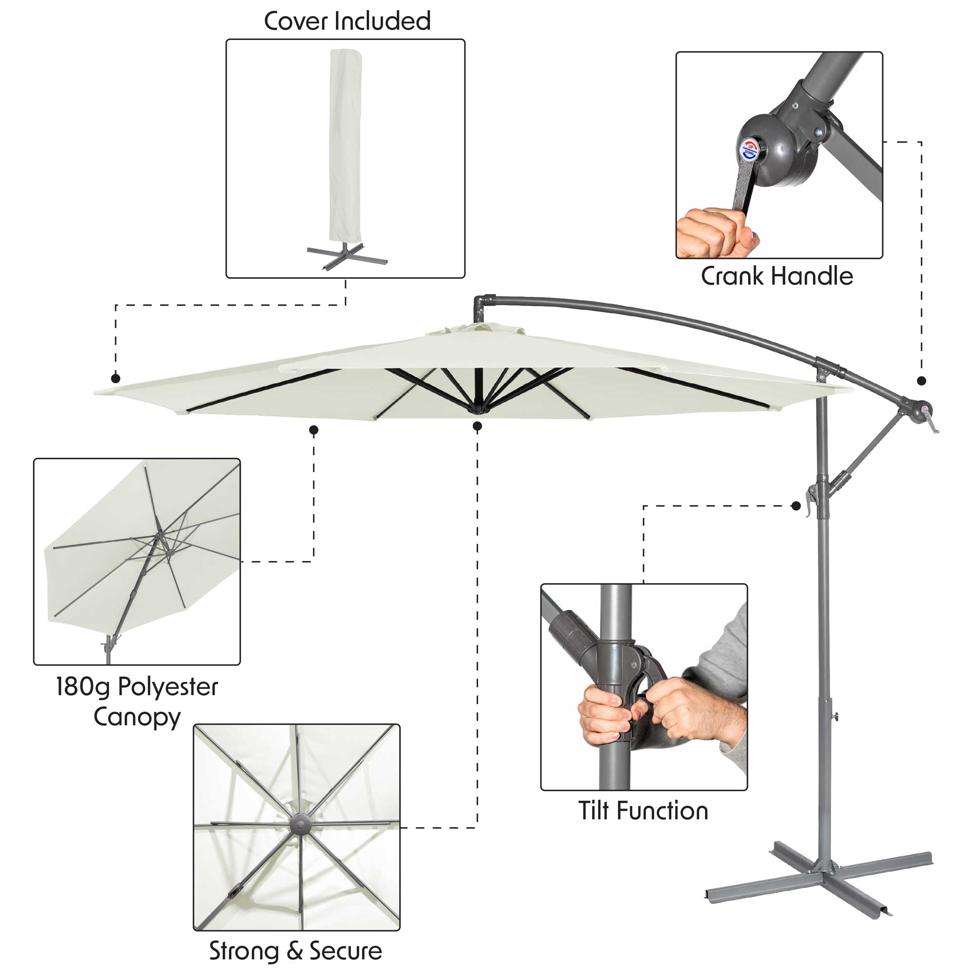 Ø3m Banana Parasol/Umbrella with Cover & Crank Handle - Cream - DG265