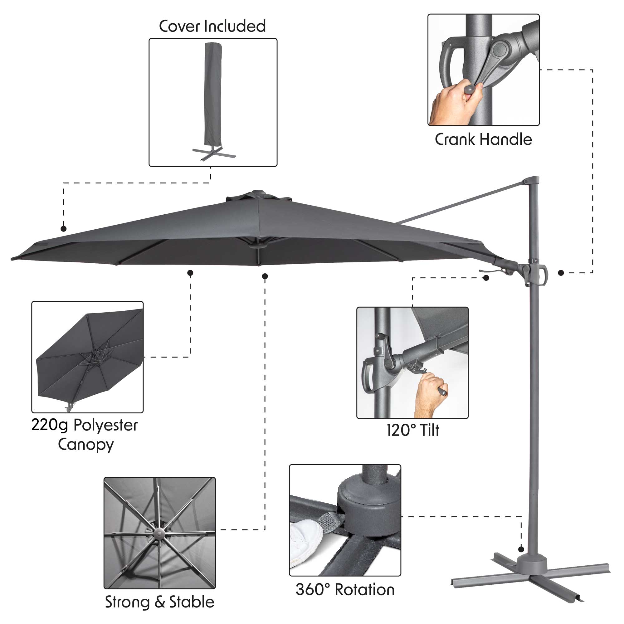 Ø3m Garden/Patio Cantilever Parasol/Umbrella, Tilt, 360° Rotation and Cover, Grey - DG267