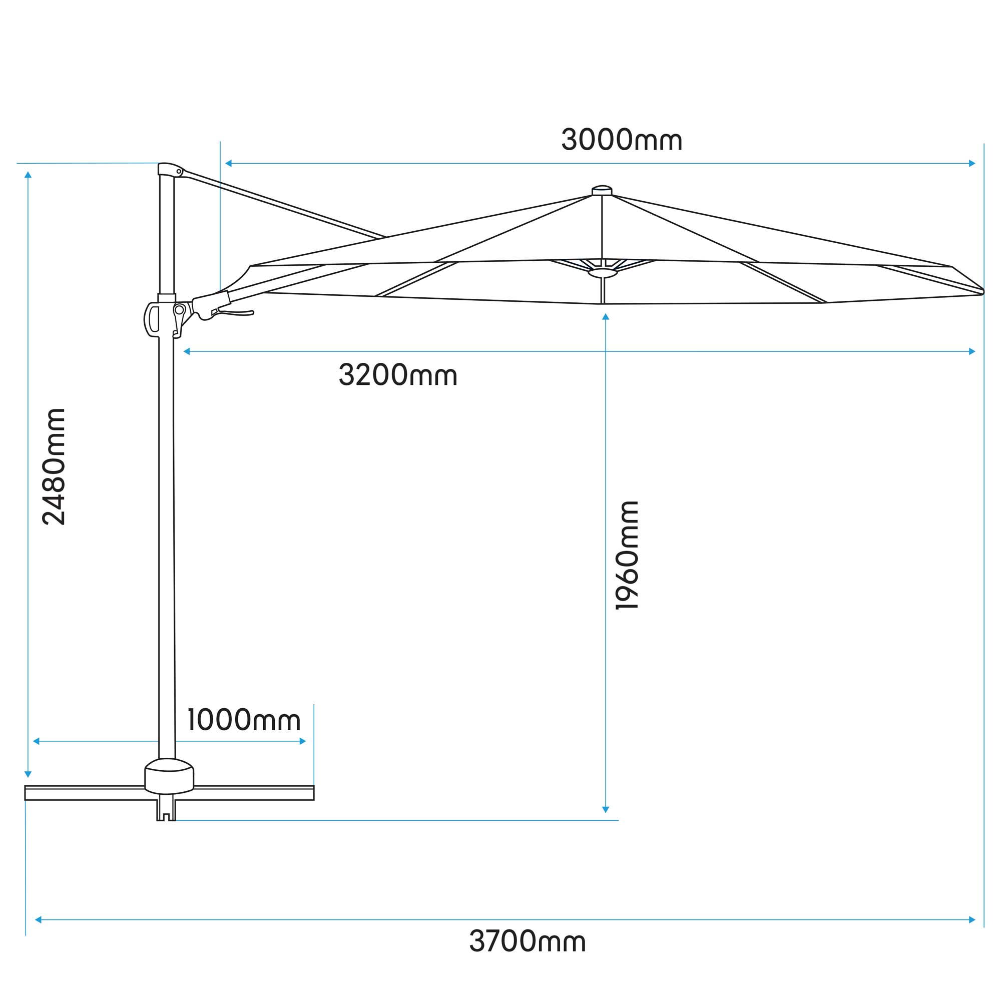 Ø3m Cantilever Parasol/Umbrella, Cover and Base Bundle, 8 Rib, Crank Handle, 360° Rotation, 60° Tilt, Grey Canopy - DG272