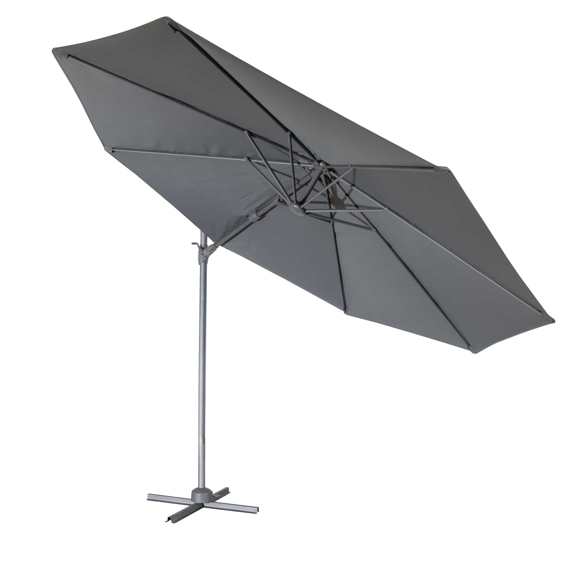 Ø3m Cantilever Parasol/Umbrella, Cover and Base Bundle, 8 Rib, Crank Handle, 360° Rotation, 60° Tilt, Grey Canopy - DG272