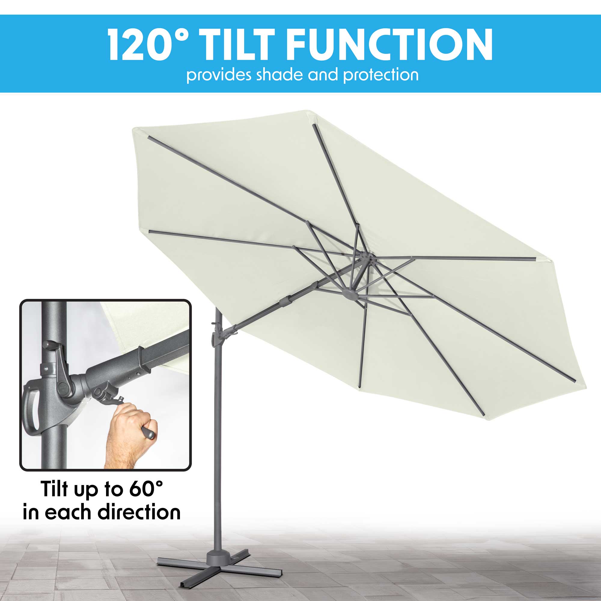 Ø3m Cantilever Parasol/Umbrella, Cover and Base Bundle, 8 Rib, Crank Handle, 360° Rotation, 60° Tilt, Cream Canopy - DG273