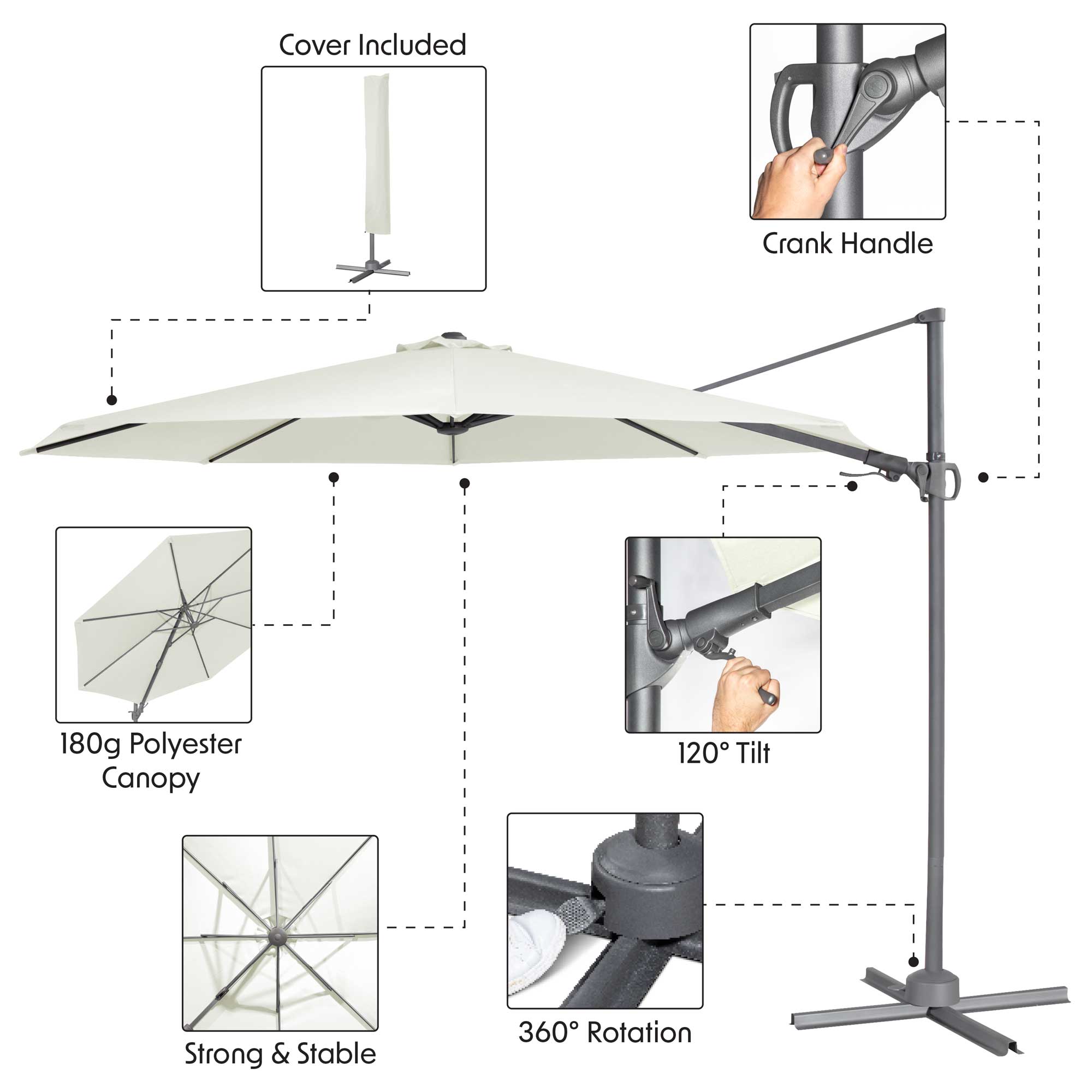 Ø3m Cantilever Parasol/Umbrella, Cover and Base Bundle, 8 Rib, Crank Handle, 360° Rotation, 60° Tilt, Cream Canopy - DG273