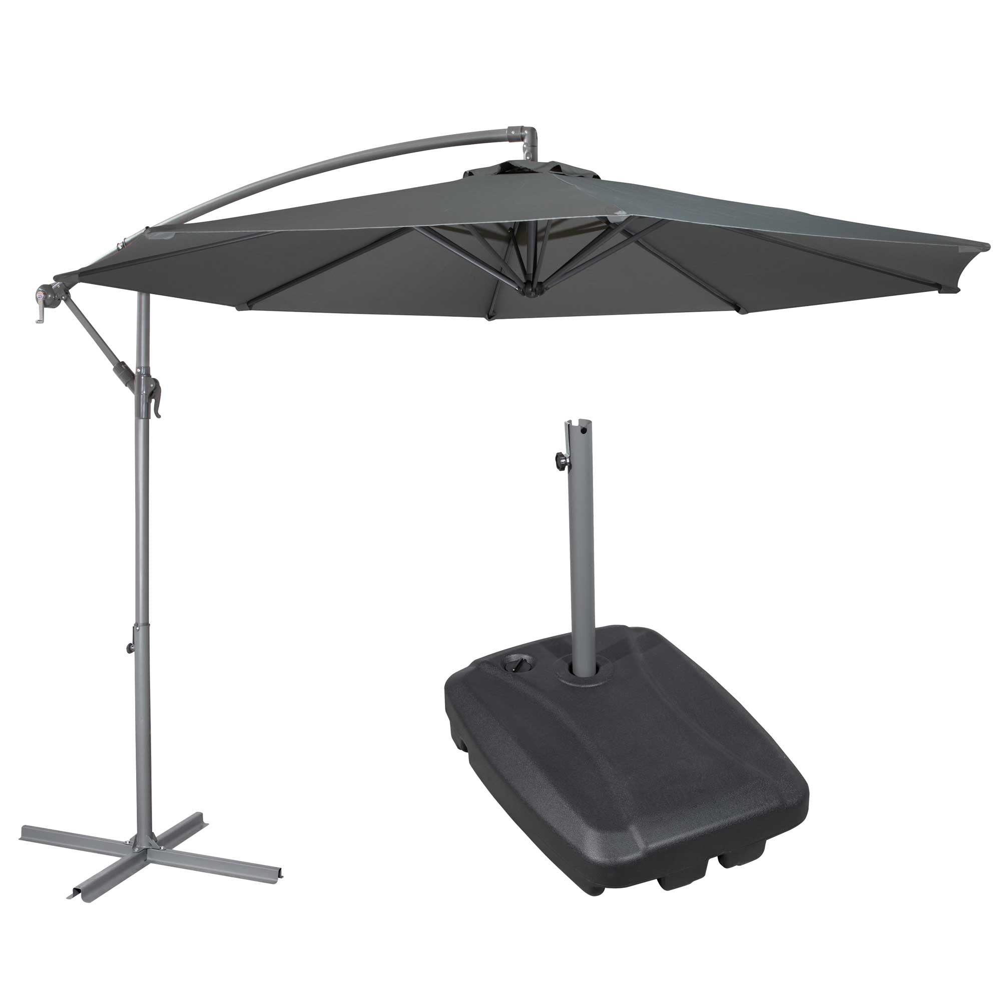 Ø3m Banana Parasol/Umbrella, Cover and Base Bundle, 8 Rib, Crank Handle, Grey Canopy - DG270