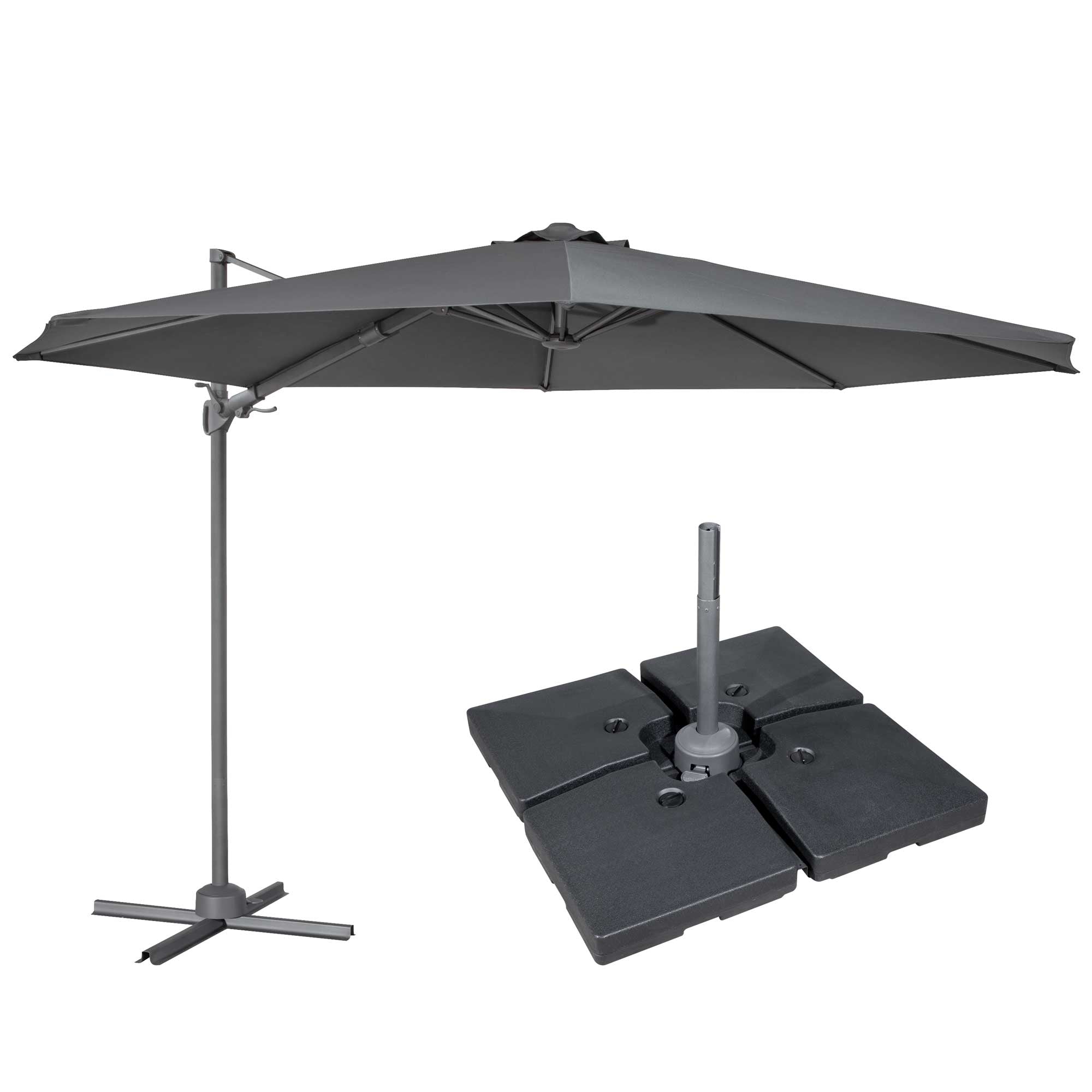 Ø3m Cantilever Parasol/Umbrella, Cover and Base Bundle, 8 Rib, Crank Handle, 360° Rotation, 60° Tilt, Grey Canopy - DG272