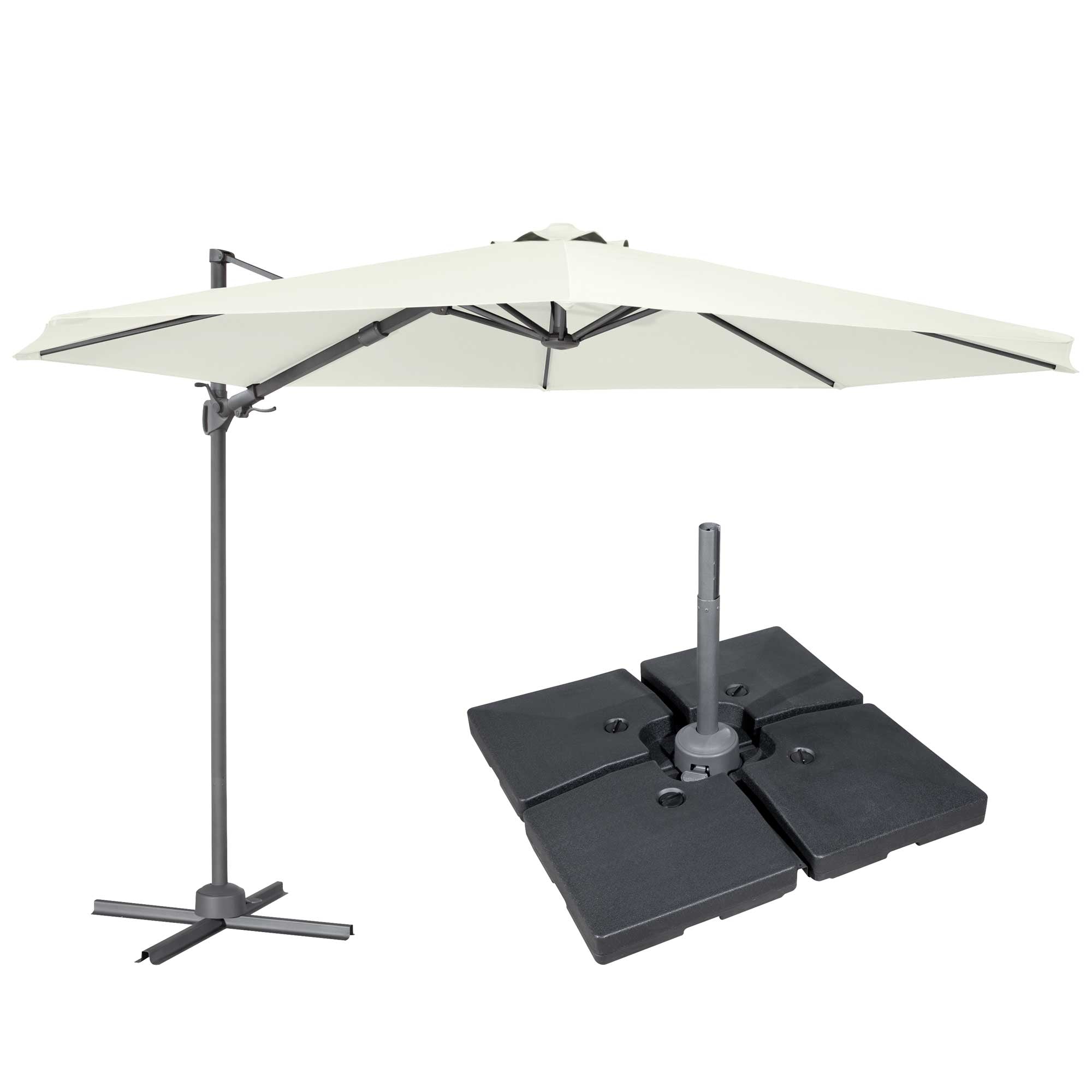 Ø3m Cantilever Parasol/Umbrella, Cover and Base Bundle, 8 Rib, Crank Handle, 360° Rotation, 60° Tilt, Cream Canopy - DG273