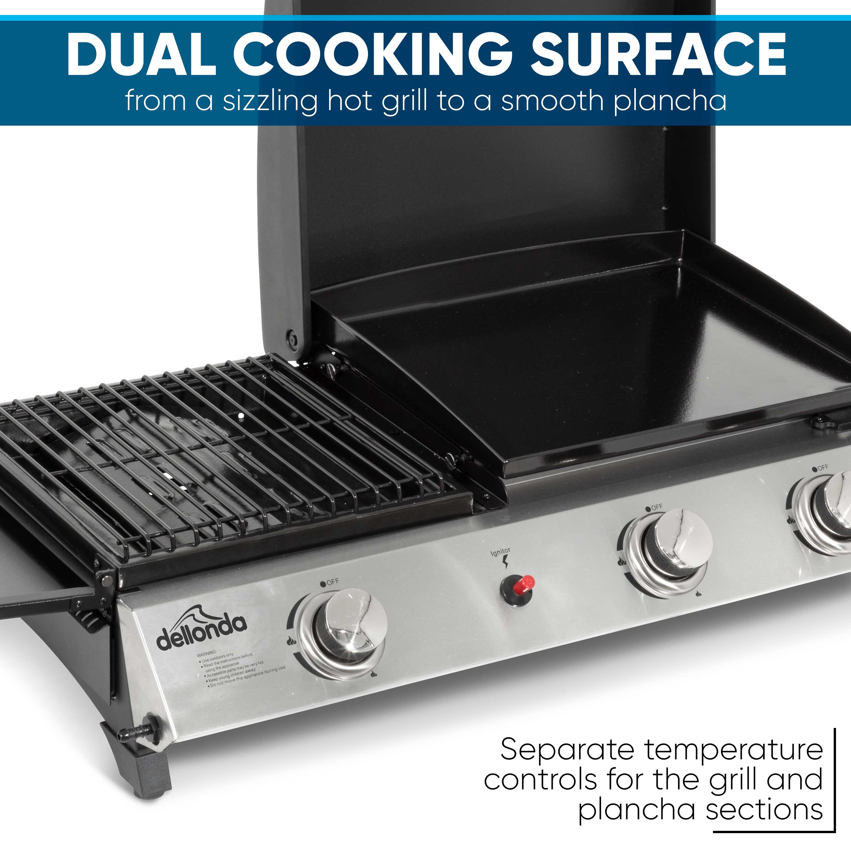 2+1 Burner Portable Gas Plancha/Grill 8.5kW Hot Plate BBQ Griddle, Stainless Steel - DG276