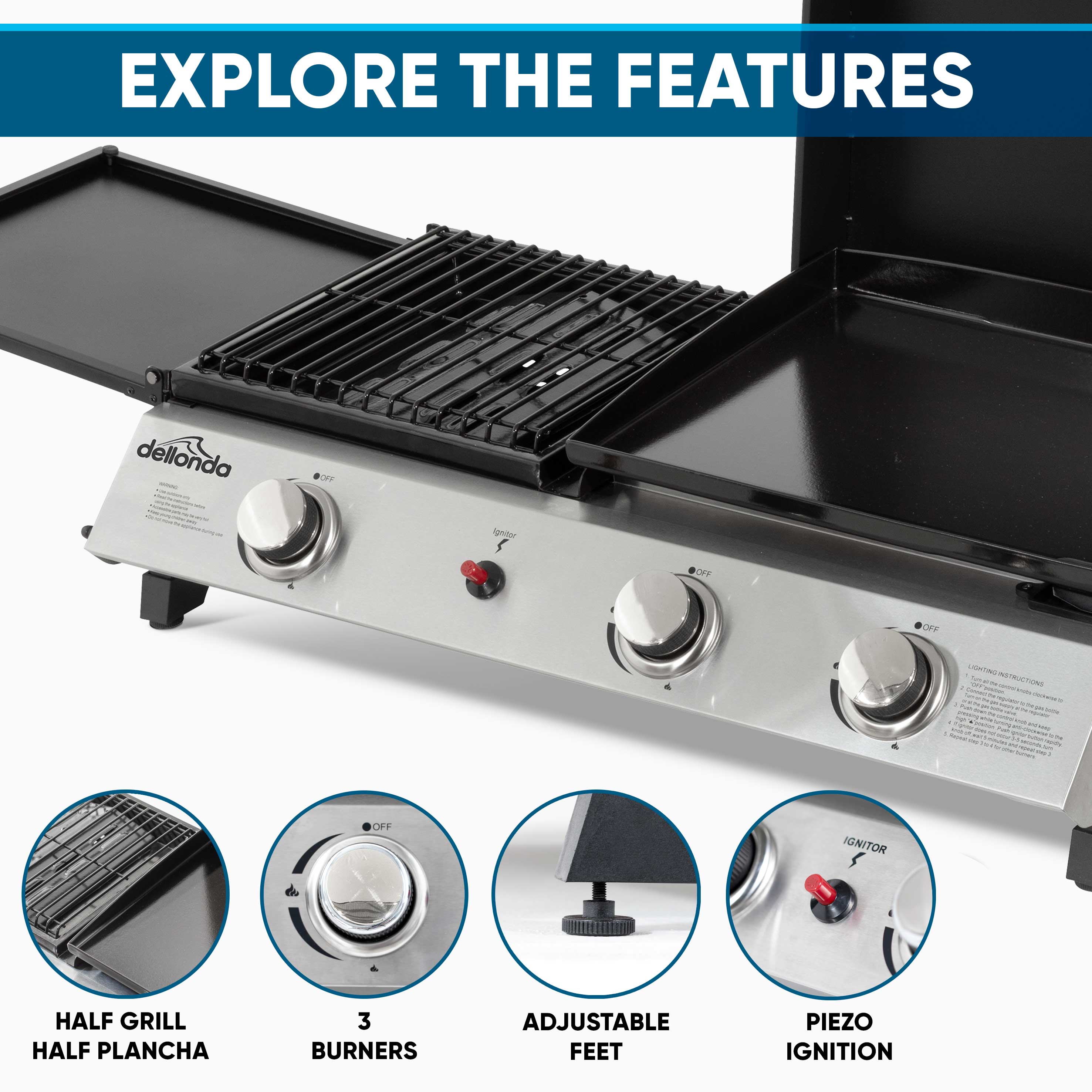 2+1 Burner Portable Gas Plancha/Grill 8.5kW Hot Plate BBQ Griddle, Stainless Steel - DG276