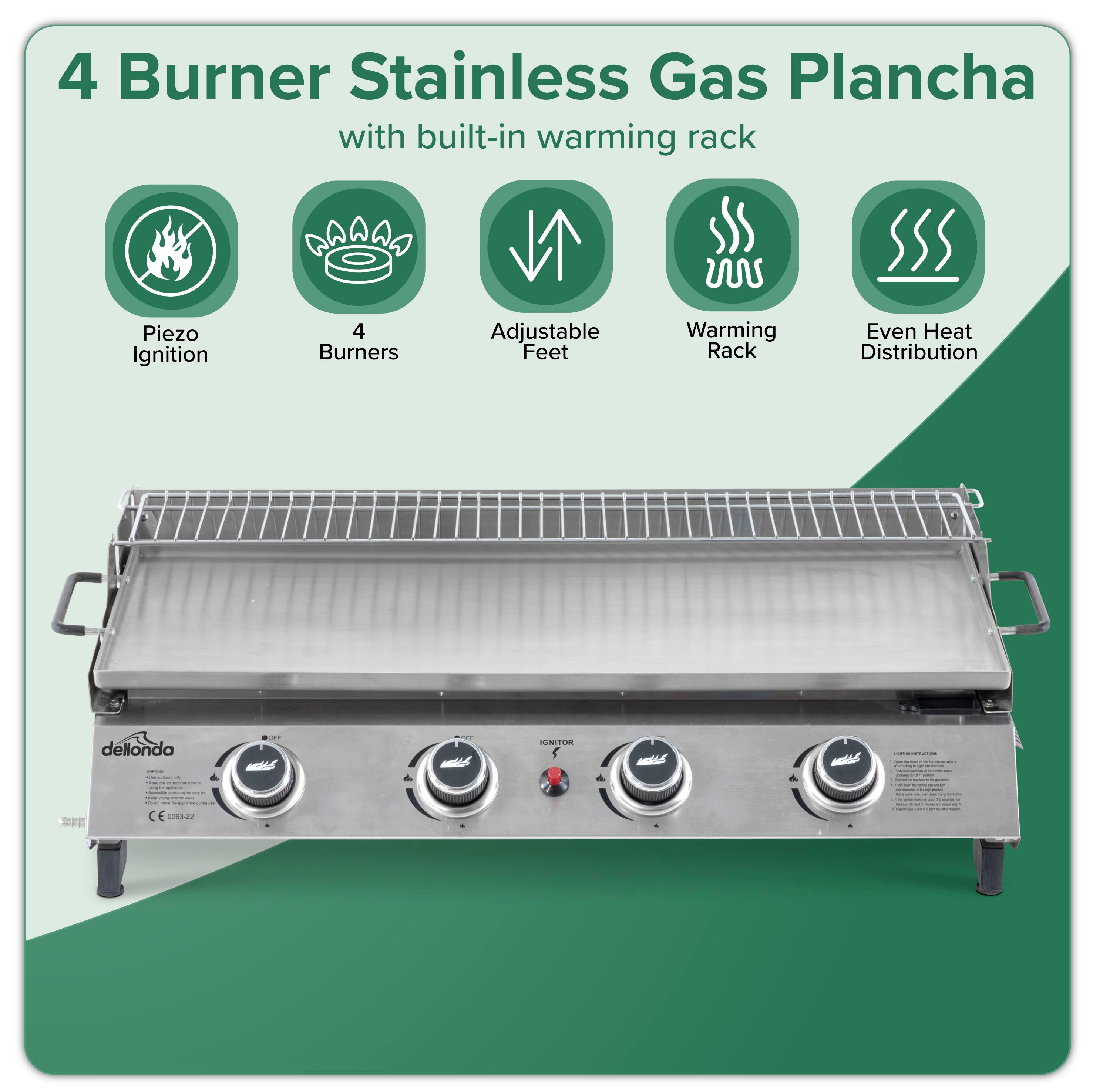 4 Burner Stainless Steel Portable Gas Plancha with Warming Rack 10kW