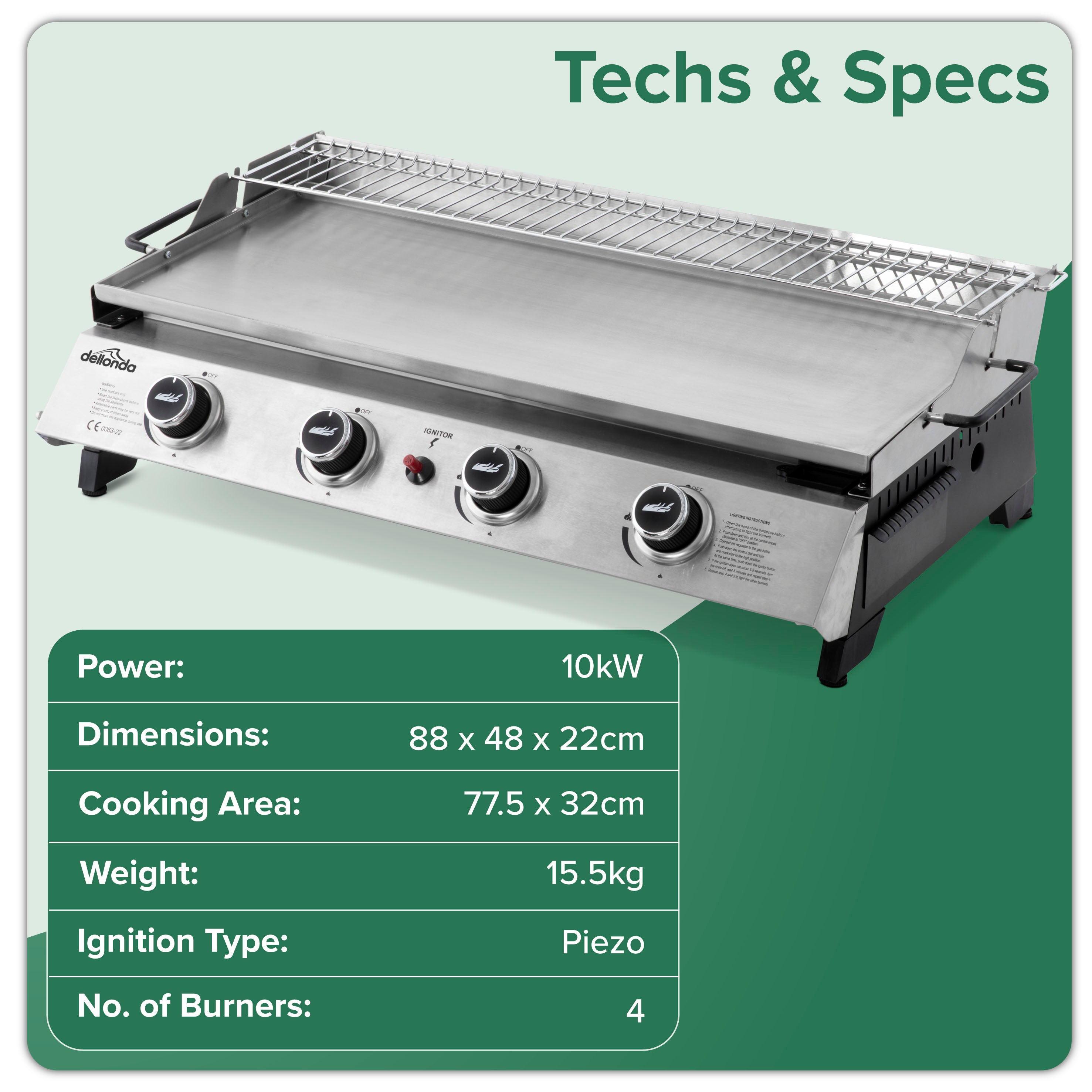 4 Burner Portable Gas Plancha with Warming Rack, 10kW Stainless Steel - DG277