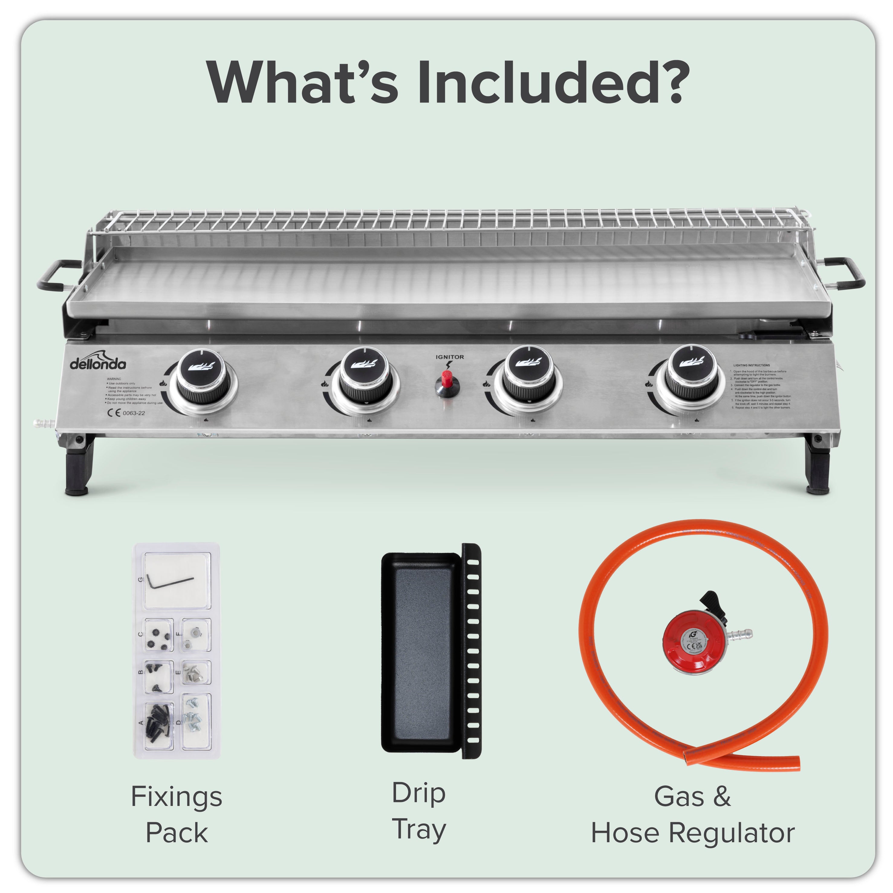 4 Burner Portable Gas Plancha with Warming Rack, 10kW Stainless Steel - DG277