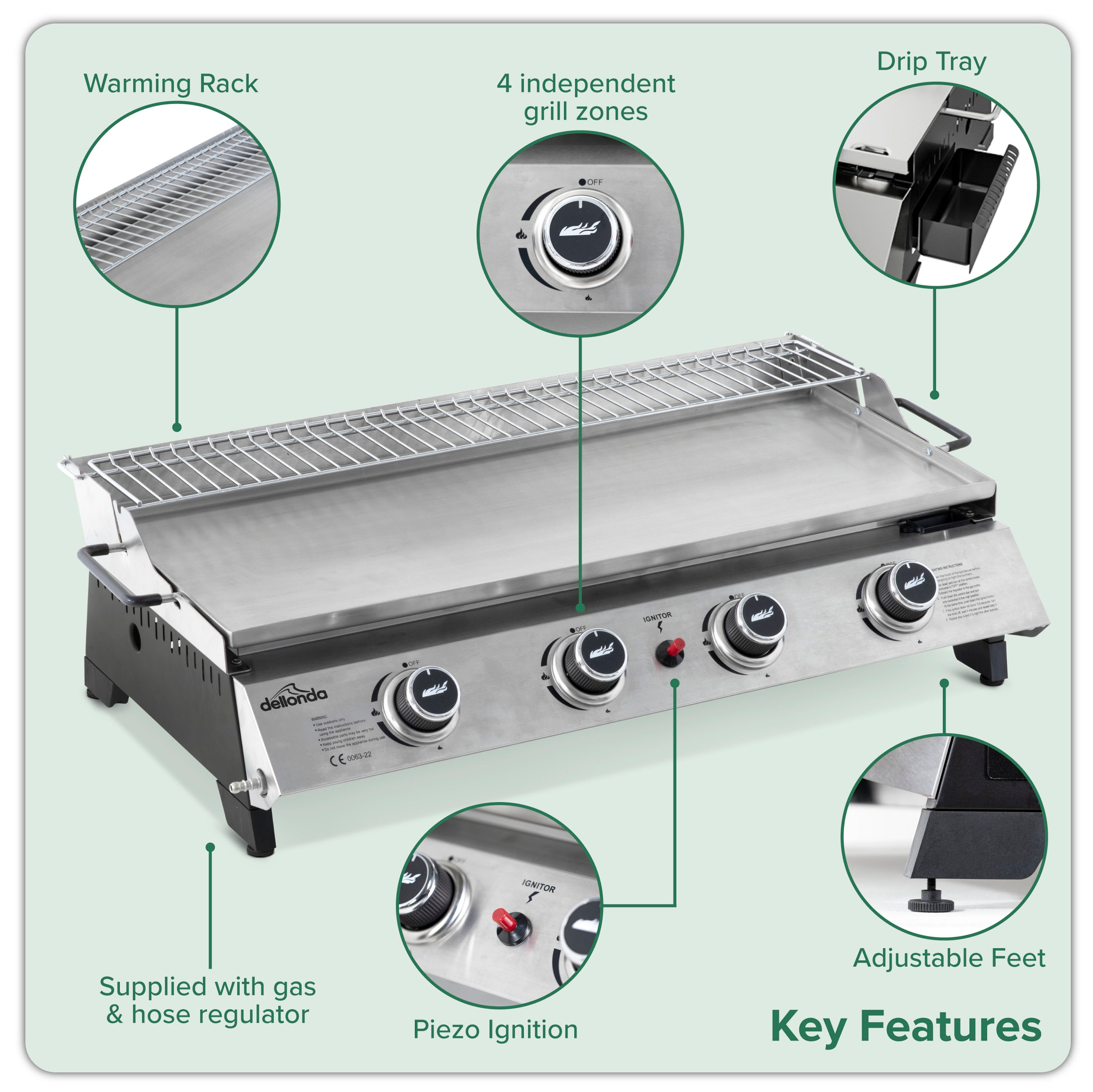 4 Burner Portable Gas Plancha with Warming Rack, 10kW Stainless Steel - DG277