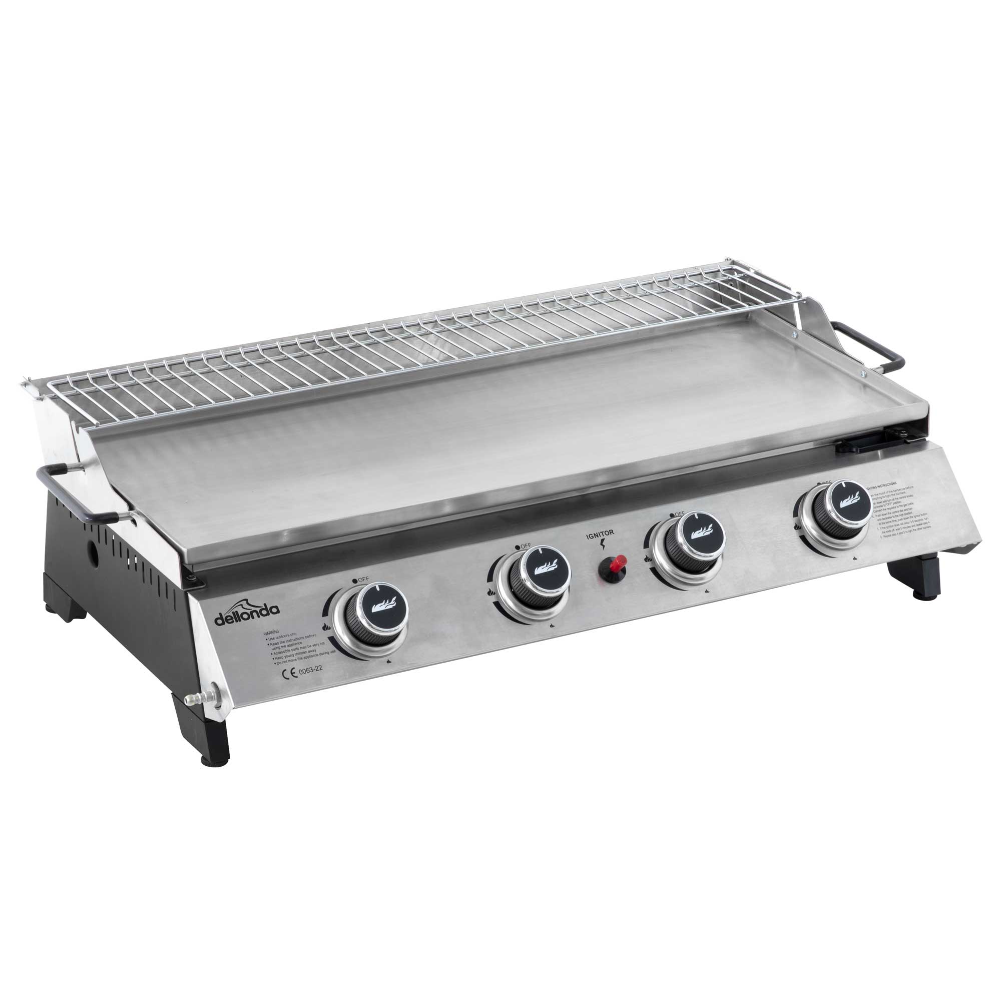 4 Burner Portable Gas Plancha with Warming Rack, 10kW Stainless Steel - DG277