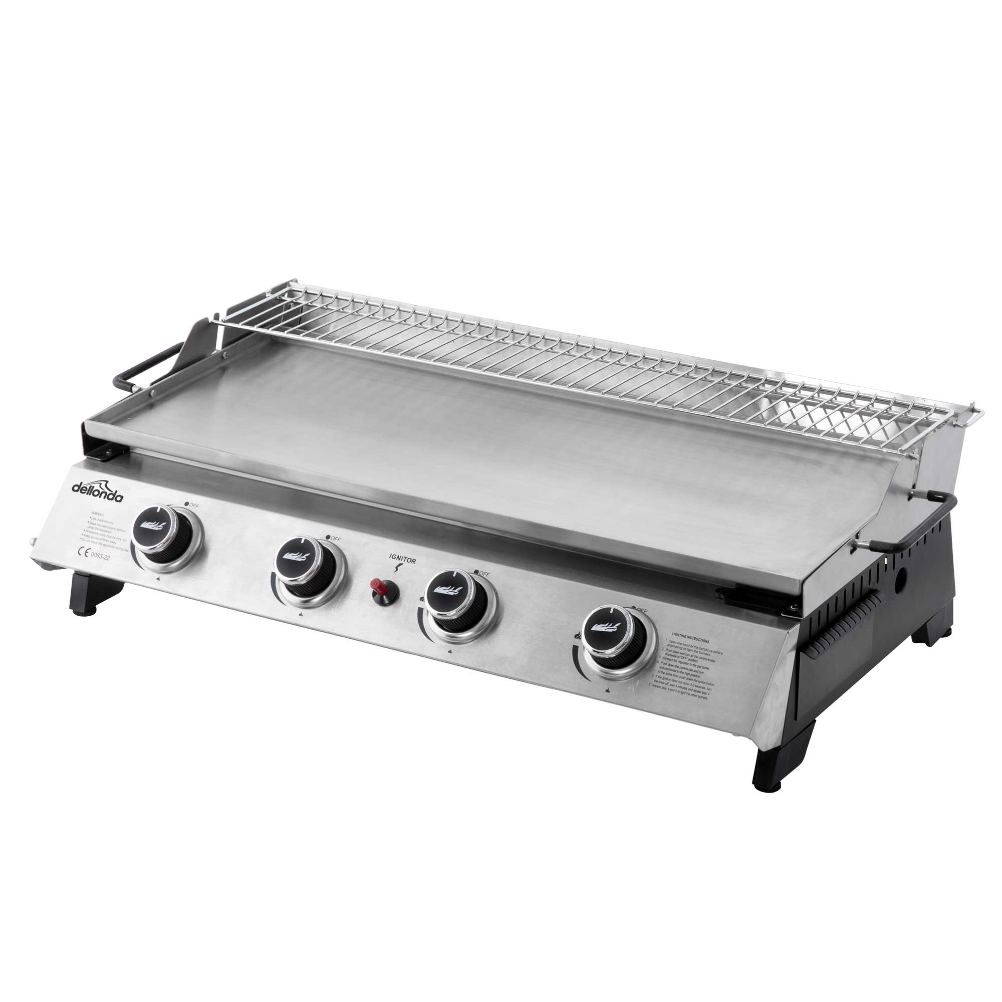 4 Burner Portable Gas Plancha with Warming Rack, 10kW Stainless Steel - DG277