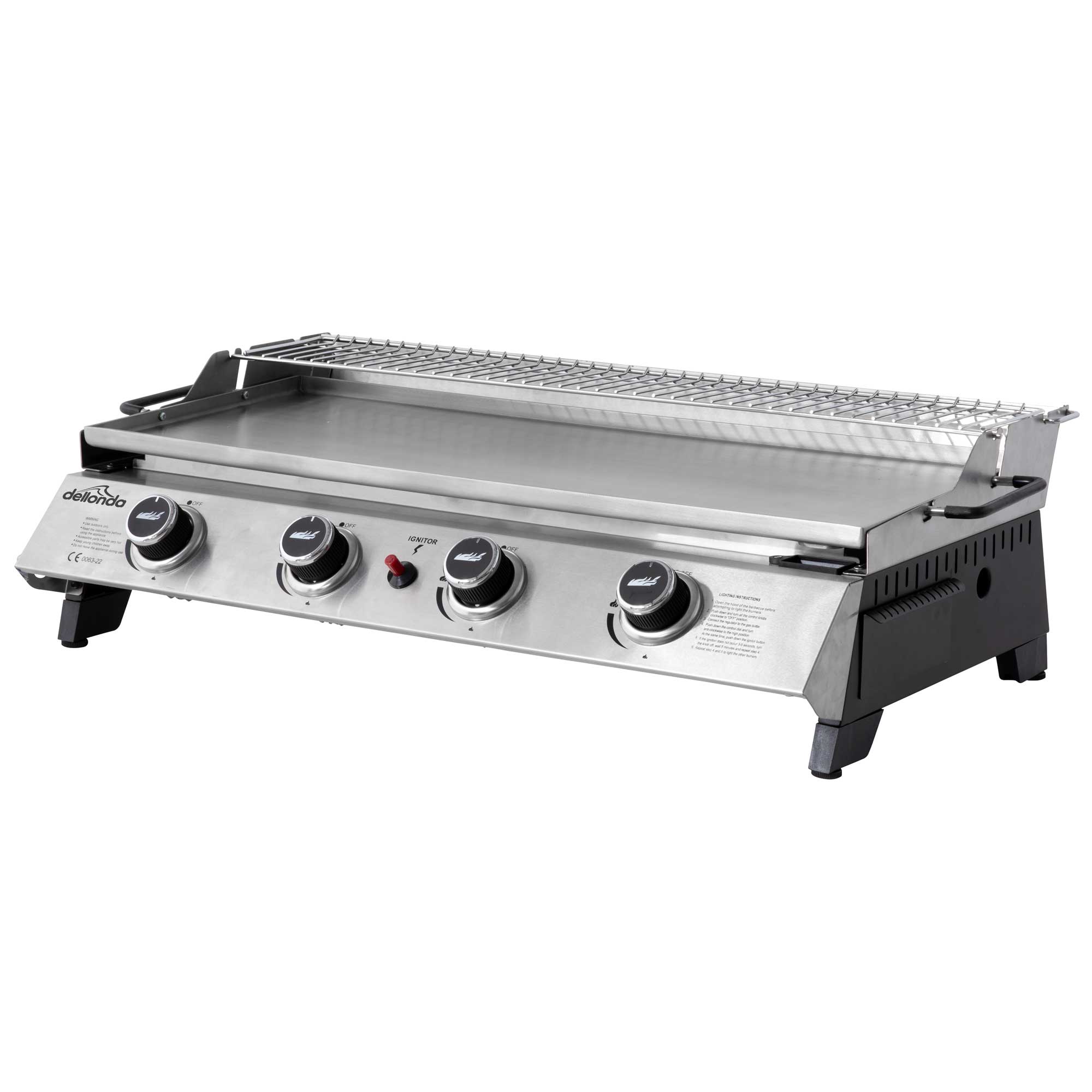 4 Burner Portable Gas Plancha with Warming Rack, 10kW Stainless Steel - DG277