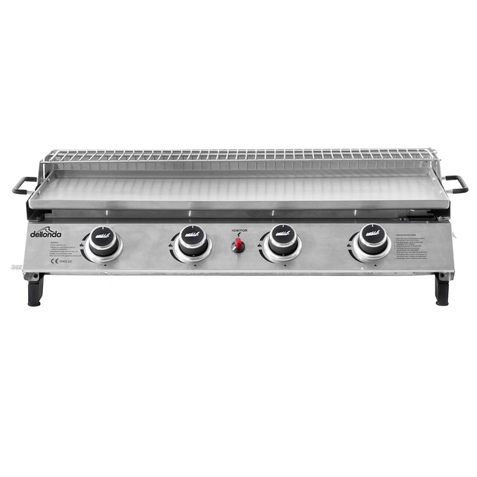 4 Burner Portable Gas Plancha with Warming Rack, 10kW Stainless Steel - DG277