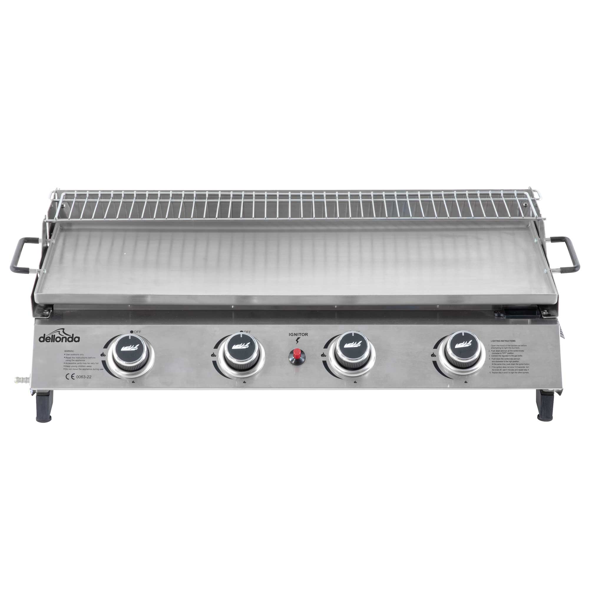 4 Burner Portable Gas Plancha with Warming Rack, 10kW Stainless Steel - DG277