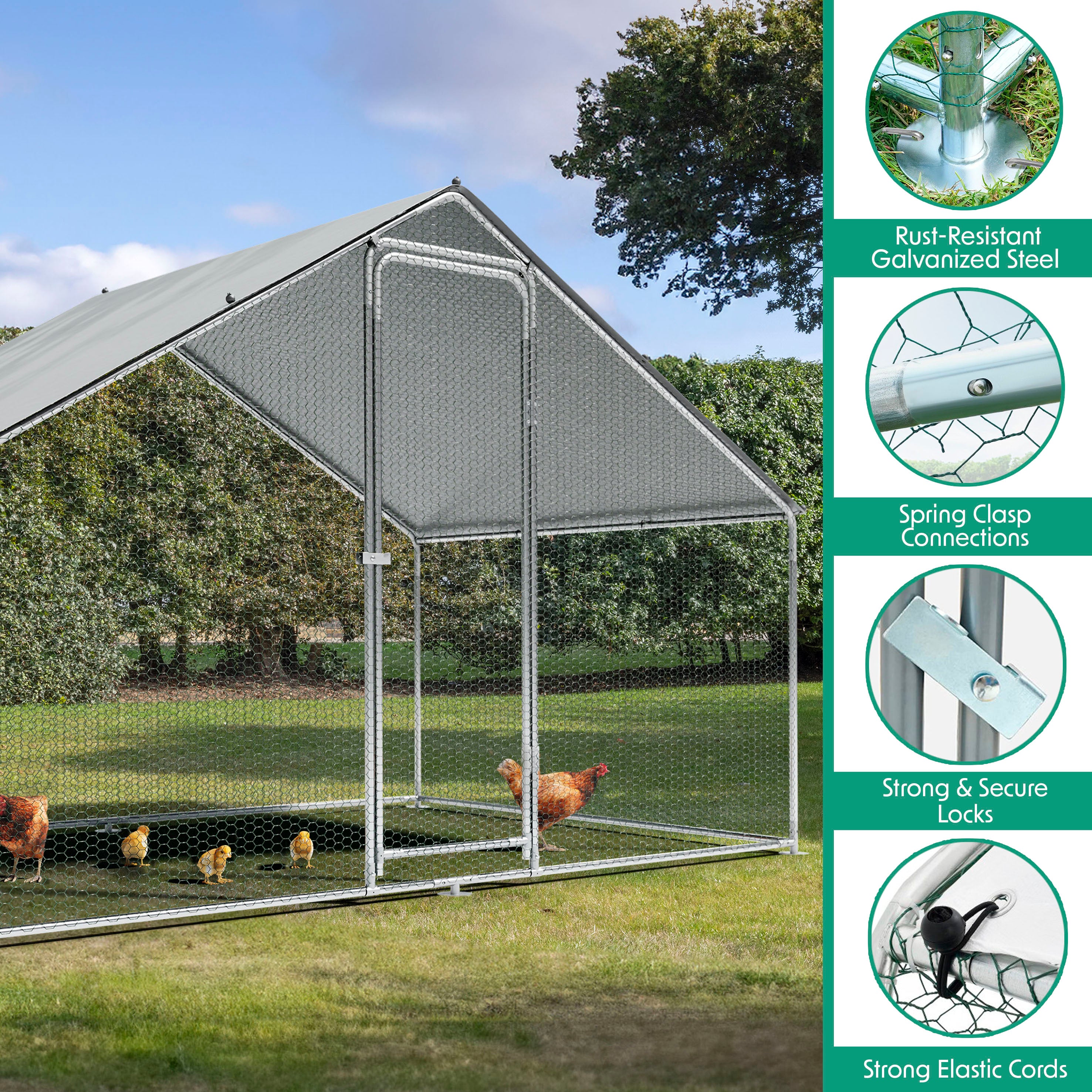 3x2x2m Walk-In Galvanised Steel Chicken Run with Roof Cover & PVC Coated Chicken Wire - DG278