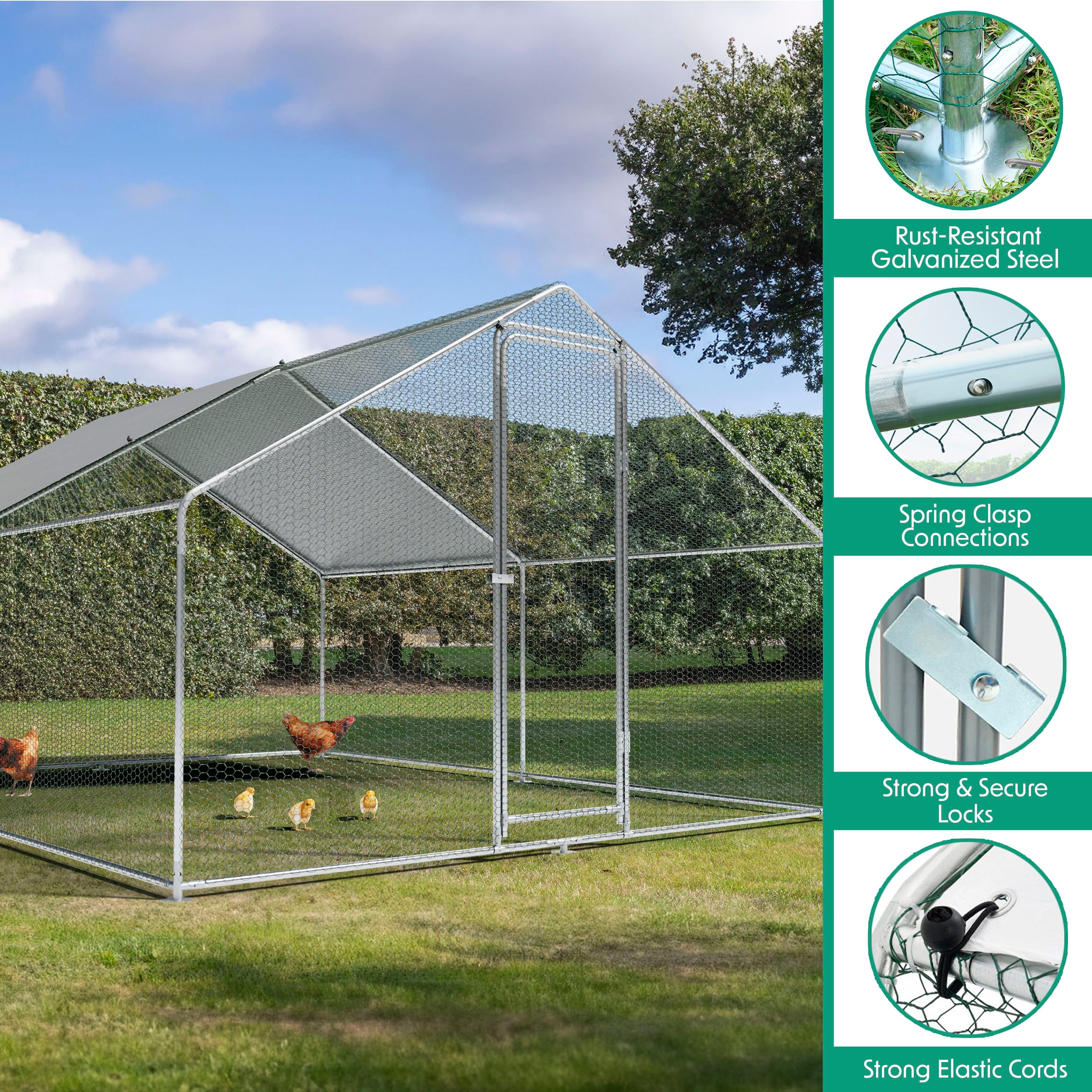 3x4m Walk-In Galvanized Steel Chicken Run with Solar Roof Cover & PVC Coated Chicken Wire, For Chickens, Ducks, Fowl and  Poultry - DG279