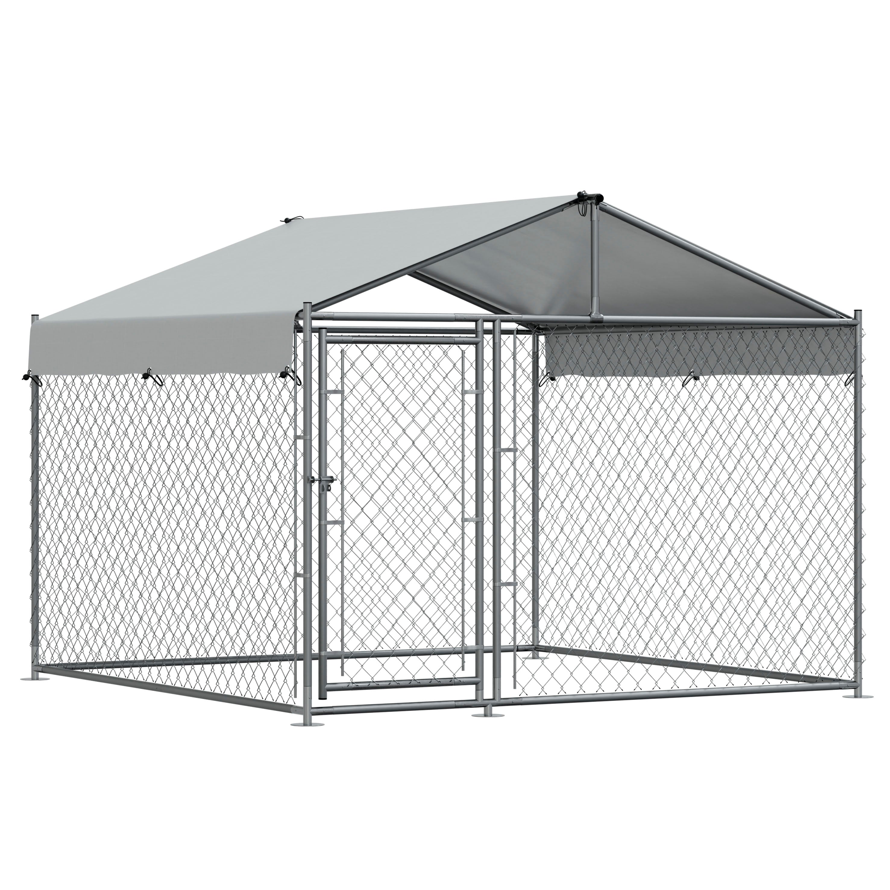 Galvanised Steel Dog Kennel with Roof Cover & Chain Link Fencing, 2x2x1.5m - DG281