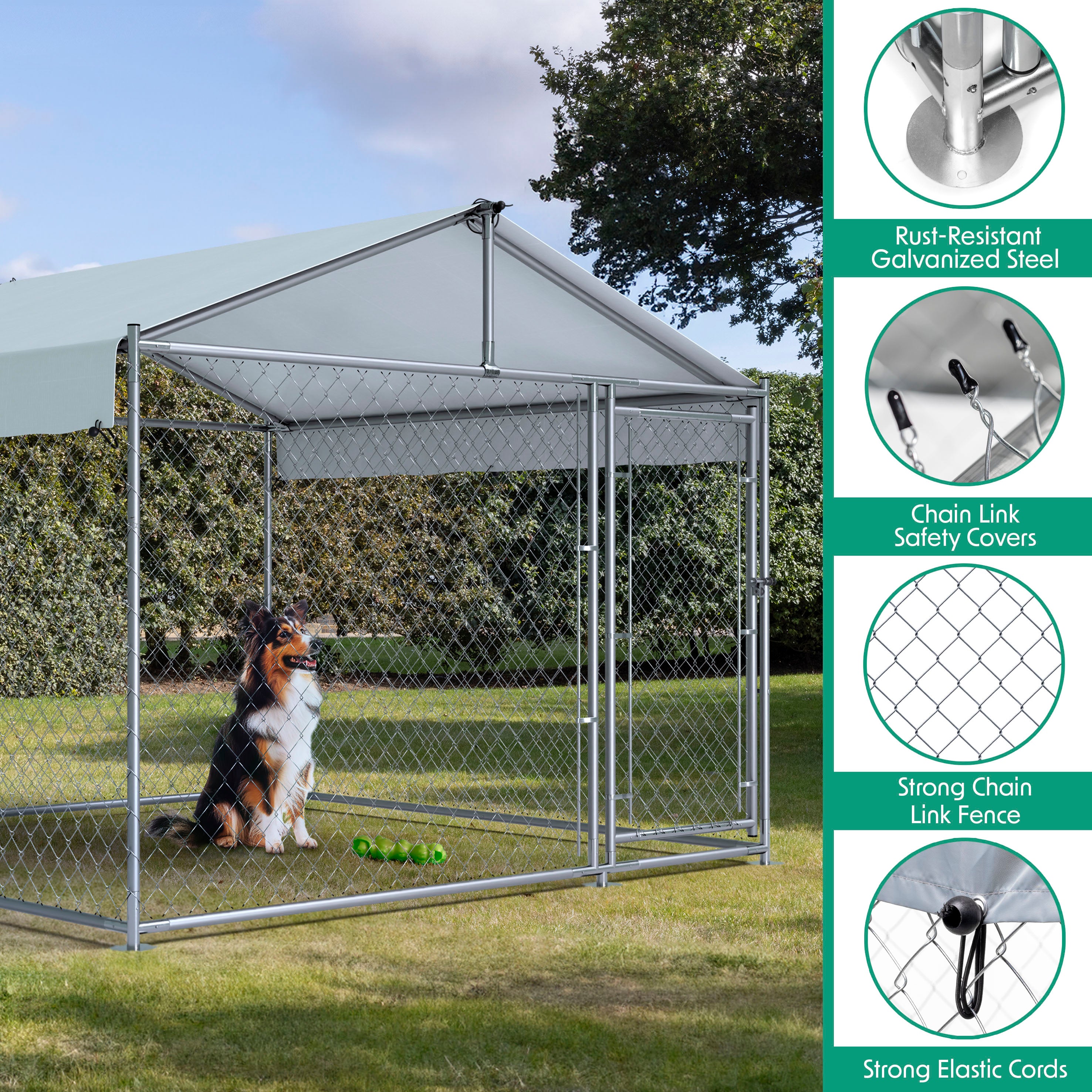 Galvanised Steel Dog Kennel with Roof Cover & Chain Link Fencing, 2x2x1.5m - DG281