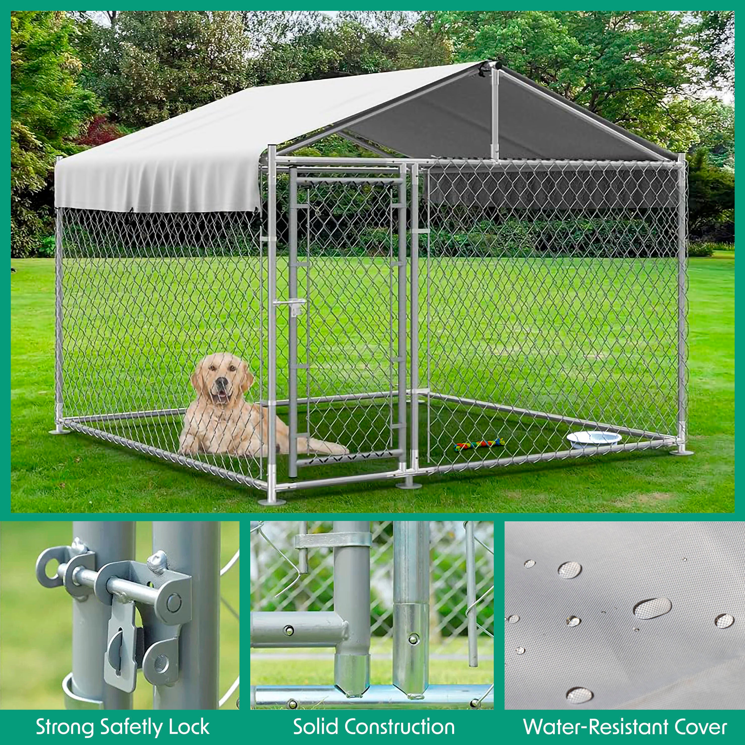 Galvanised Steel Dog Kennel with Roof Cover & Chain Link Fencing, 2x2x1.5m - DG281