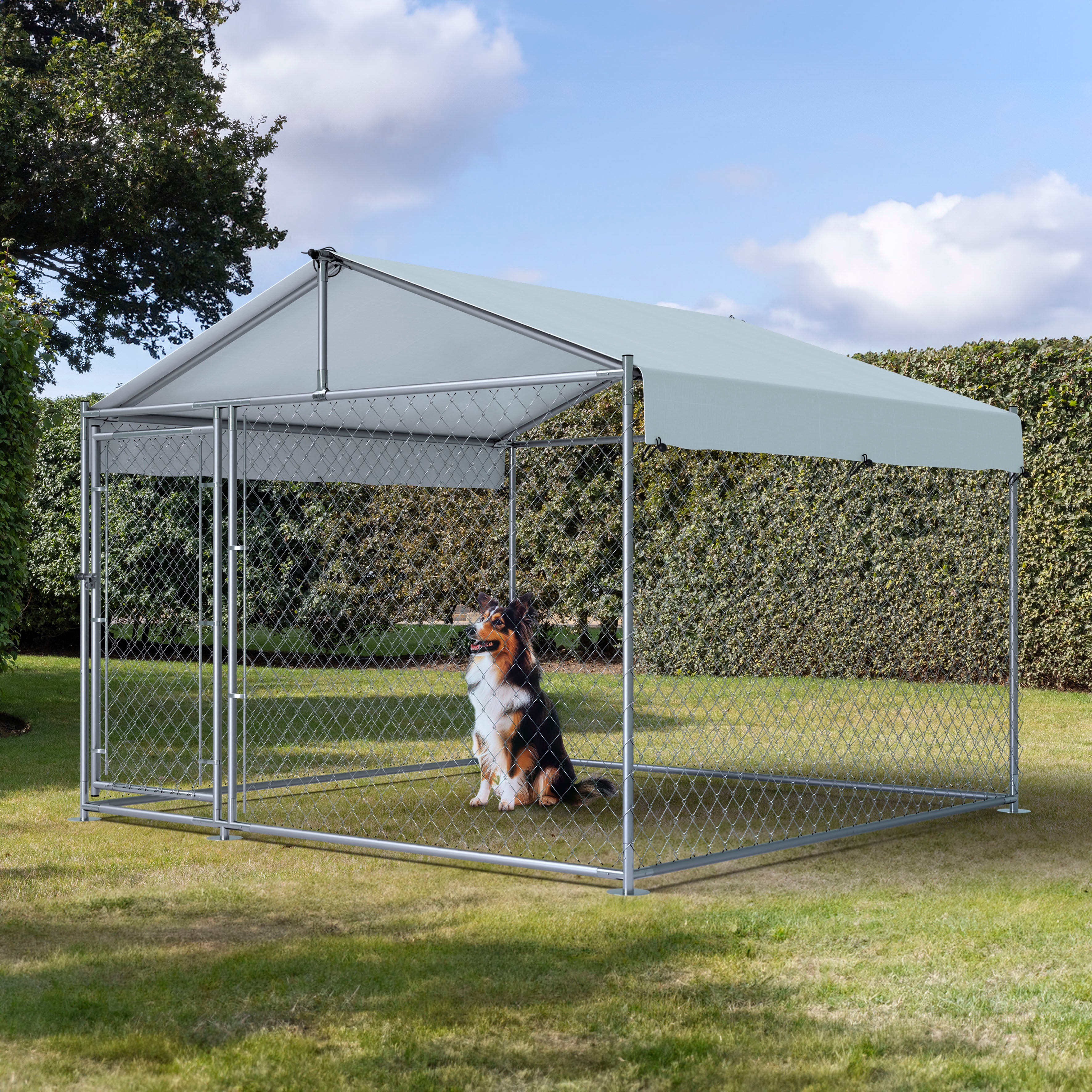 Galvanised Steel Dog Kennel with Roof Cover & Chain Link Fencing, 2x2x1.5m - DG281