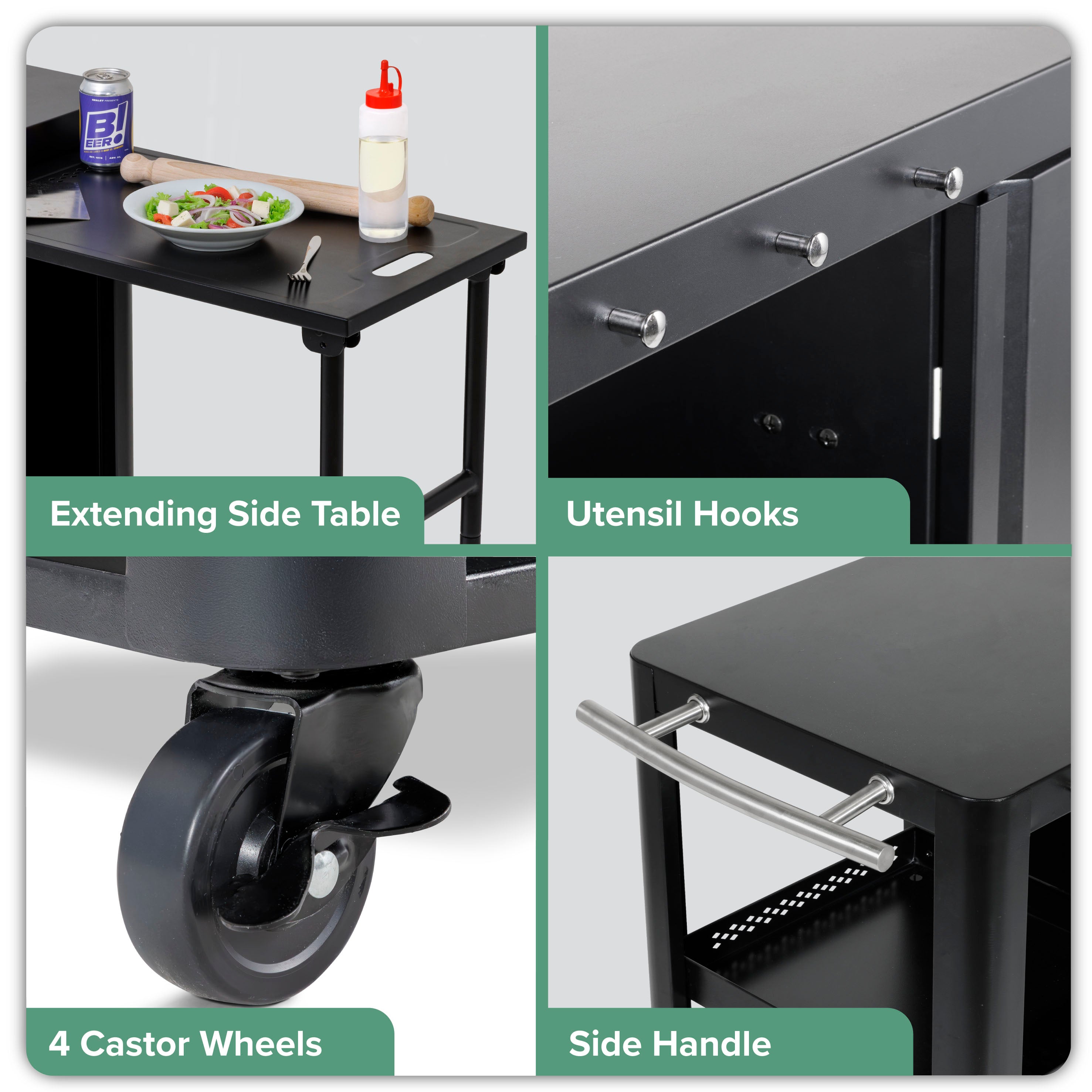 BBQ/Plancha Trolley with Cupboard, Extension Table & Utensil Hooks - Black - DG282