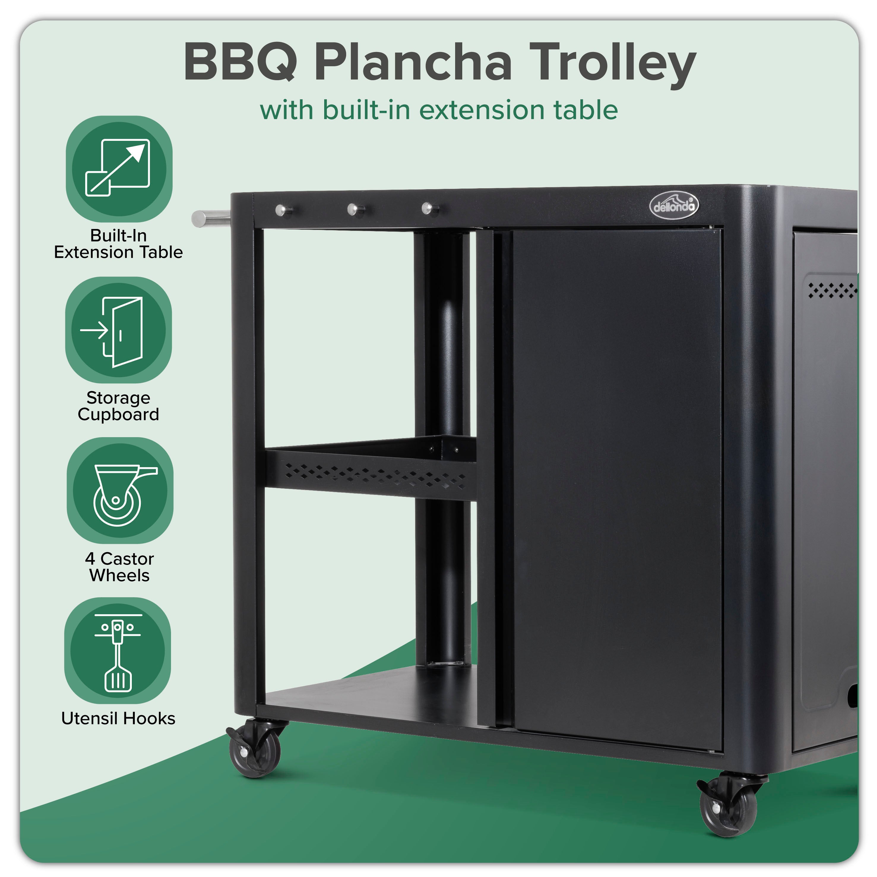 BBQ/Plancha Trolley with Cupboard, Extension Table & Utensil Hooks - Black - DG282