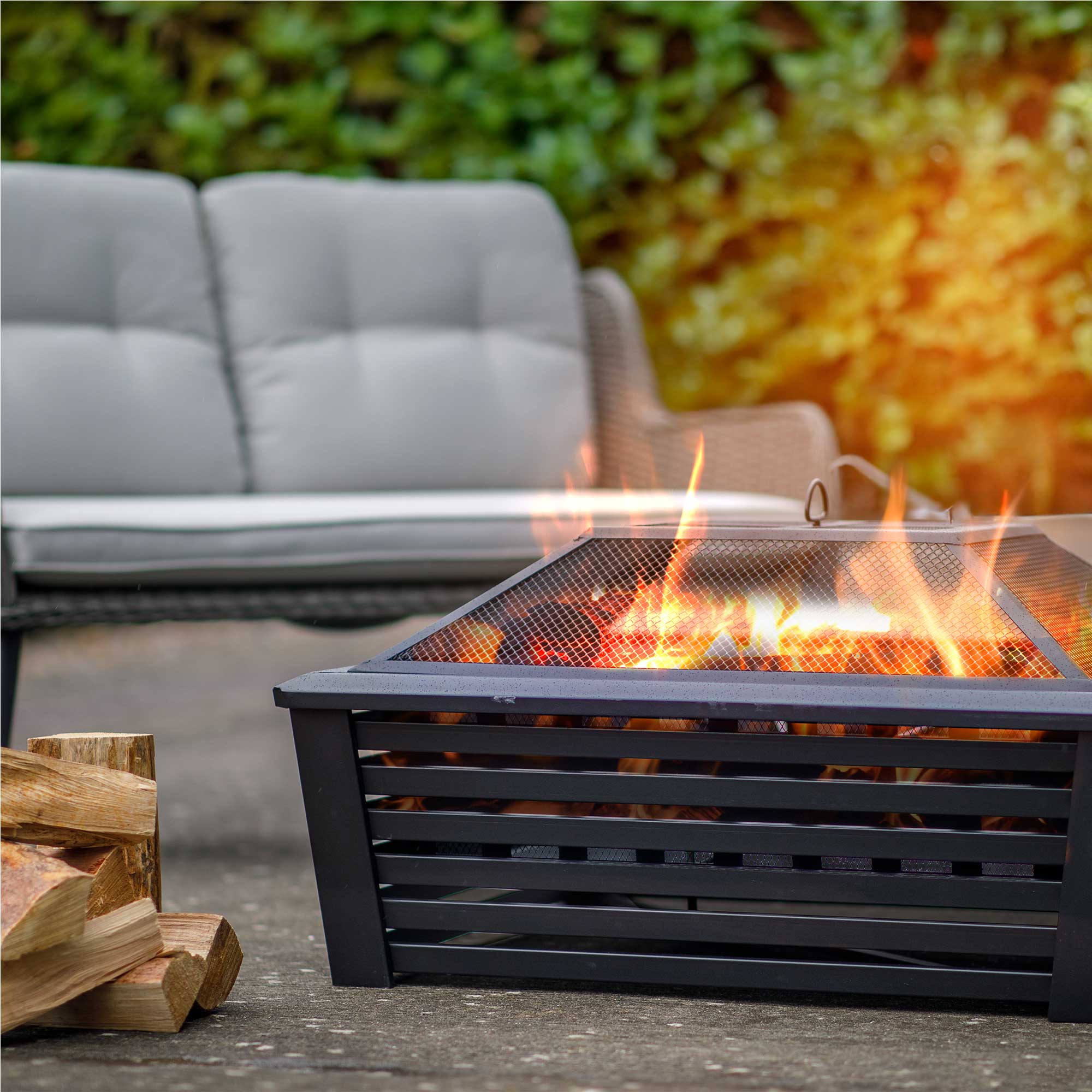 35" Square Outdoor Fire Pit, Mesh Screen Lid, Black - DG43